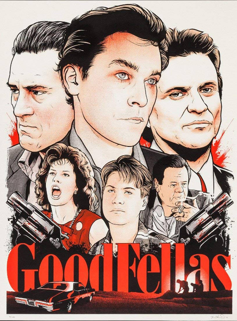 goodfellas 桌布 壁紙 — 大膽的圖形插圖，GoodFellas 電影海報，以強烈的角色肖像和紅色槍支為特色，背景為純白色。