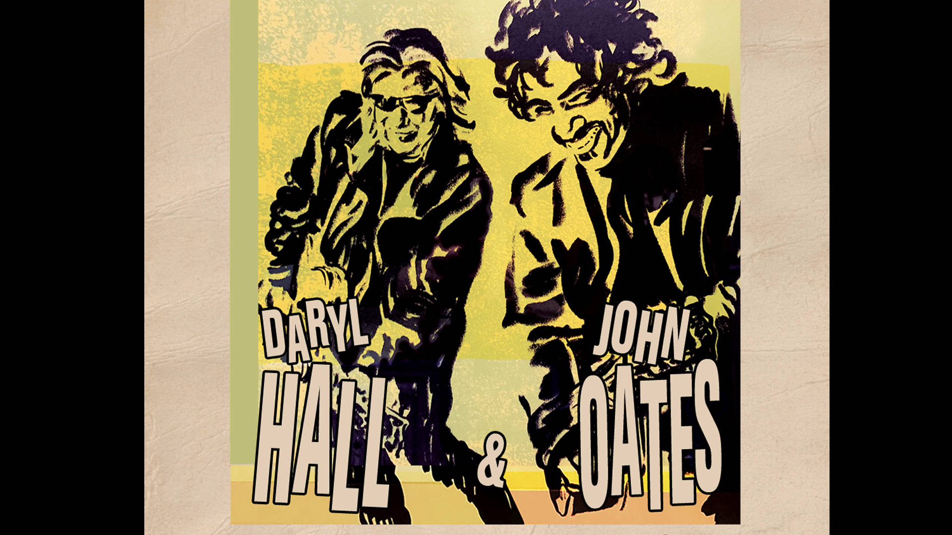 音樂 桌布 壁紙 — 大膽的圖形插圖，描繪Daryl Hall和John Oates身穿黑色外套，背景為黃色漸變，帶有風格化文字。