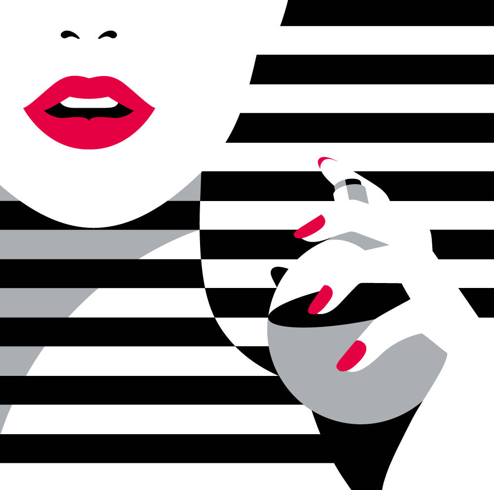 Sephora 桌布 壁紙 — 大膽的圖形插圖，描繪一位女性的臉龐和手，紅唇紅指甲，背景為黑白條紋。