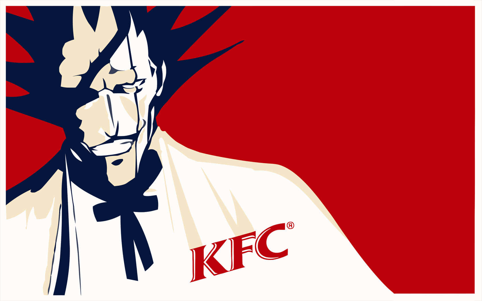 Kenpachi Zaraki 桌布 壁紙 — 大膽的圖形插圖，描繪桑德斯上校穿著標誌性白色西裝和黑色領結，在鮮紅色背景上帶有KFC標誌。