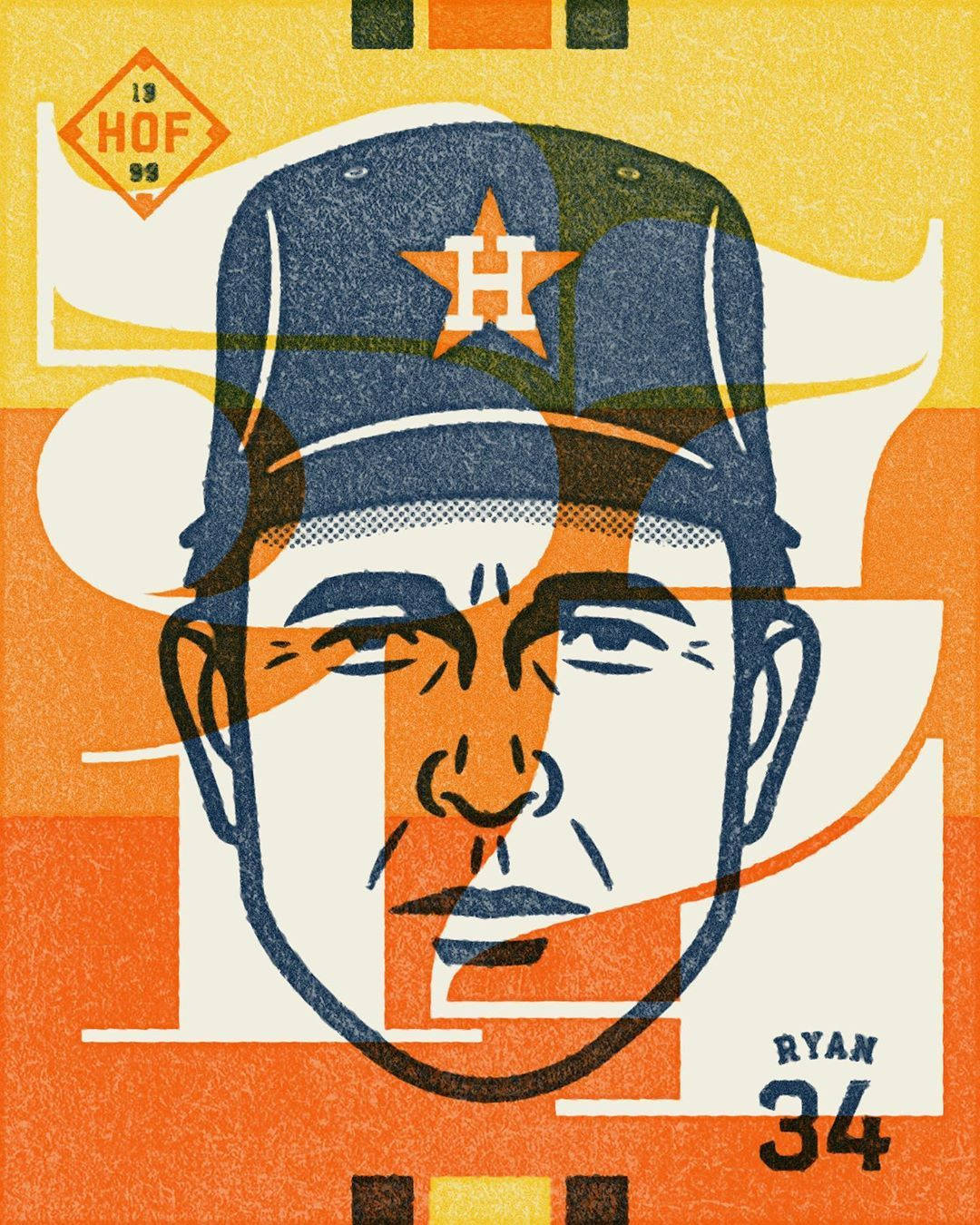 Nolan Ryan 桌布 壁紙 — 大膽的圖形插圖，描繪棒球選手Ryan戴著休士頓太空人隊帽子，上面有「HOF 99」和34號。