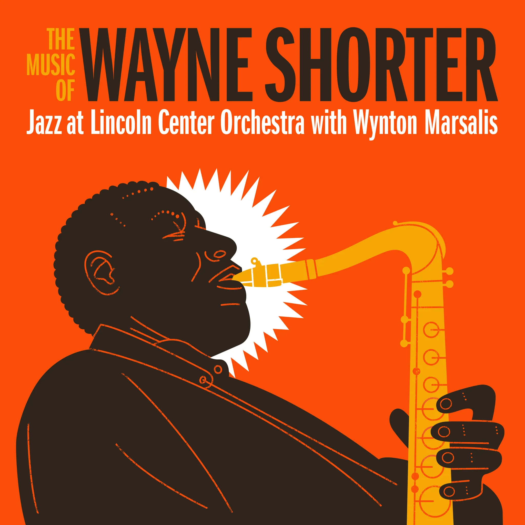 Wayne Shorter 桌布 壁紙 — 大膽的圖形插圖，描繪爵士音樂家Wayne Shorter在鮮豔的橙色背景上演奏薩克斯風，頭後有白色爆發效果。