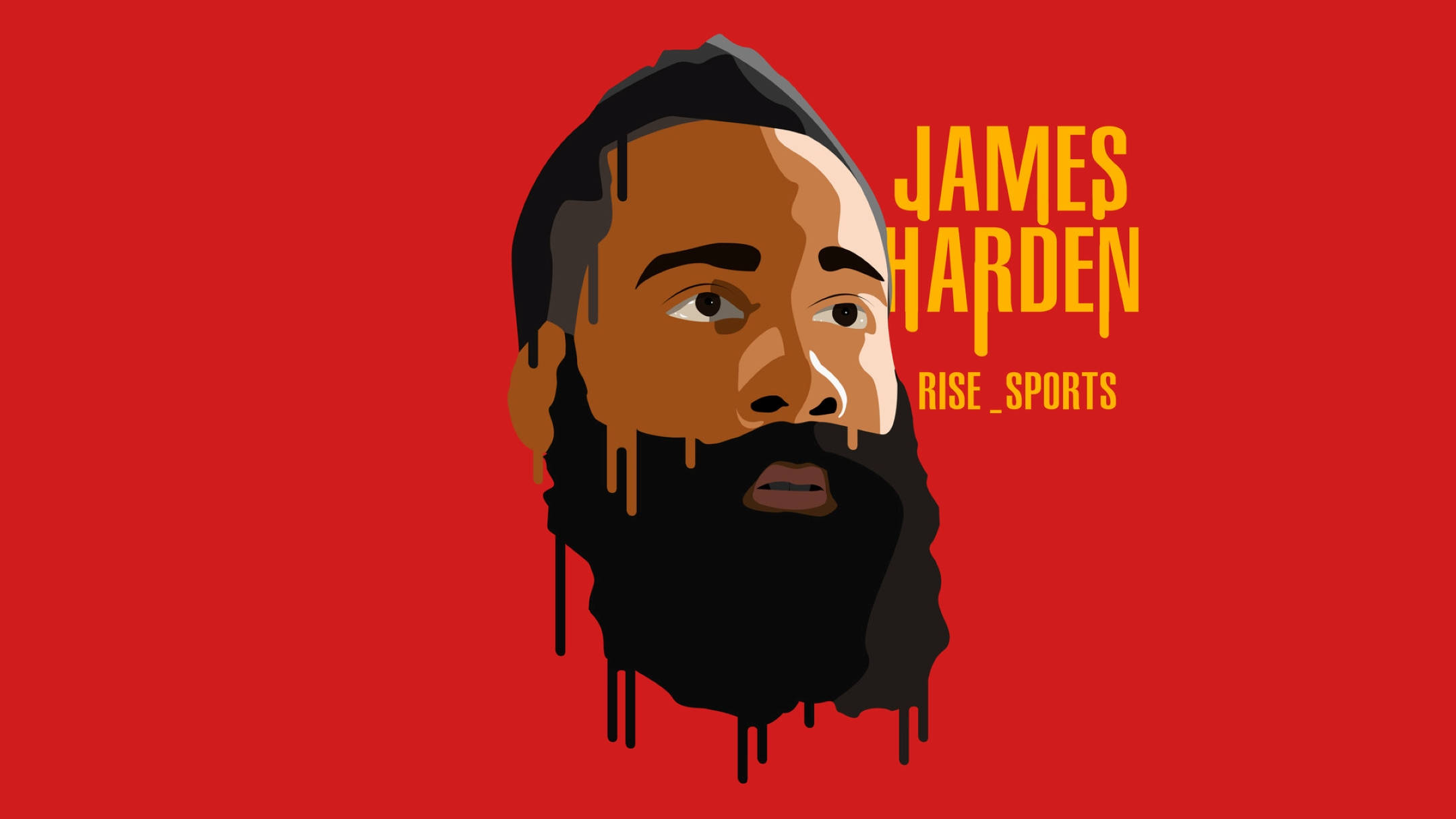 Houston Rockets 桌布 壁紙 — 大膽的圖形插圖，描繪籃球運動員詹姆斯·哈登在鮮紅色背景上，鬍鬚滴落。