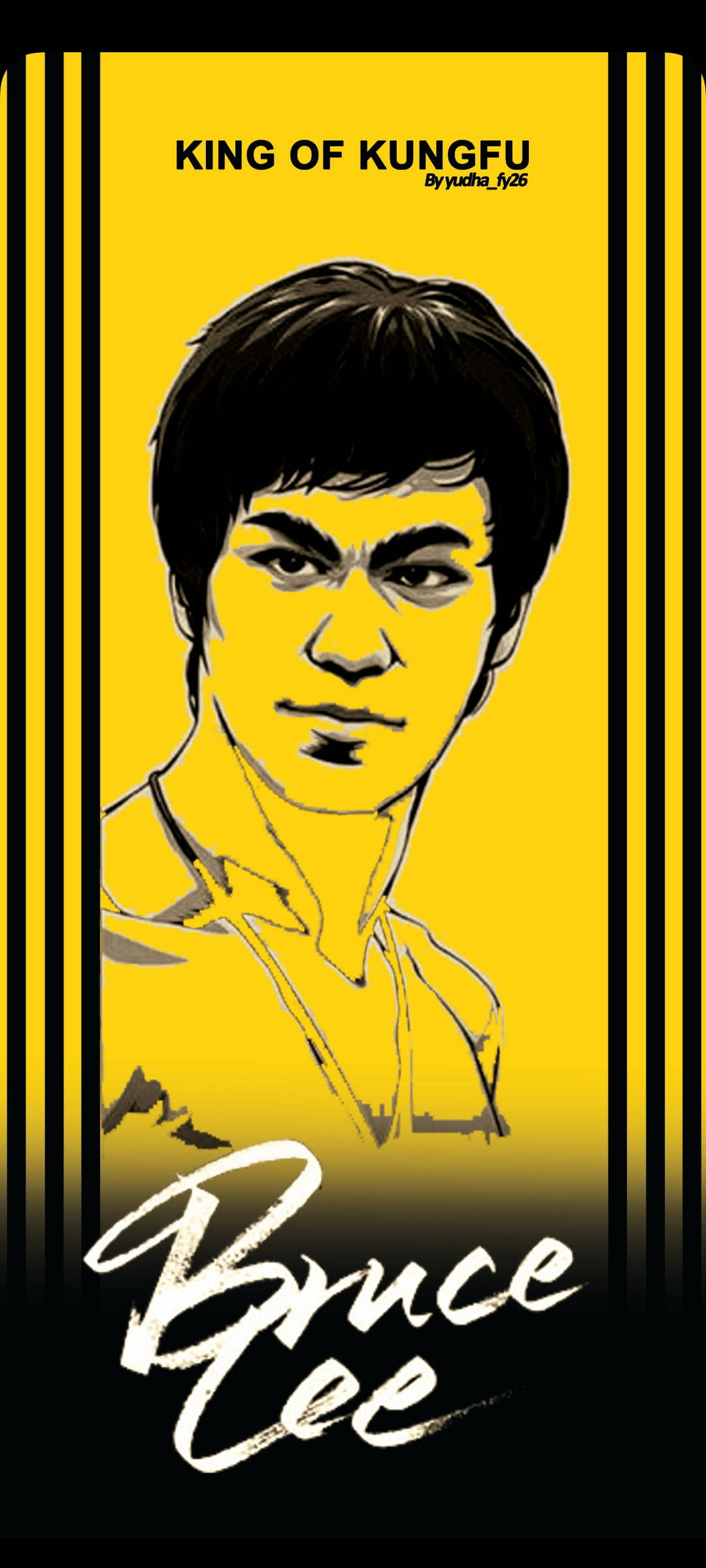 藝術 桌布 壁紙 — 大膽的圖形插圖，李小龍目光銳利，以黑色條紋框住的鮮黃色背景為襯托。