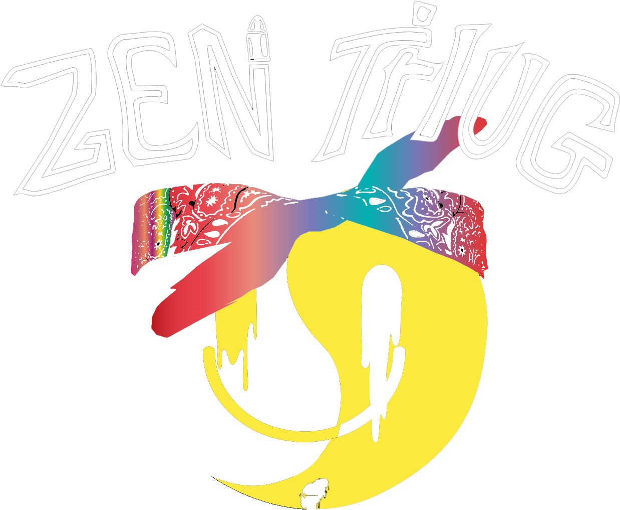 禪 桌布 壁紙 — 大膽的圖形標誌，上方有「ZEN TRUG」文字，下方是一個戴著彩虹頭巾的風格化黃色新月。