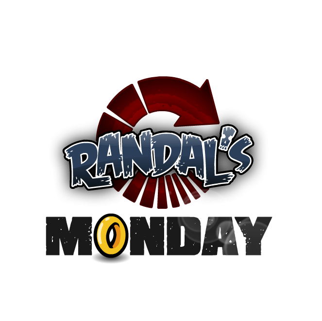 標誌 桌布 壁紙 — 大膽的圖形標誌，帶有「RANDAL'S MONDAY」文字和紅色圓形箭頭設計，背景為白色爆發效果。