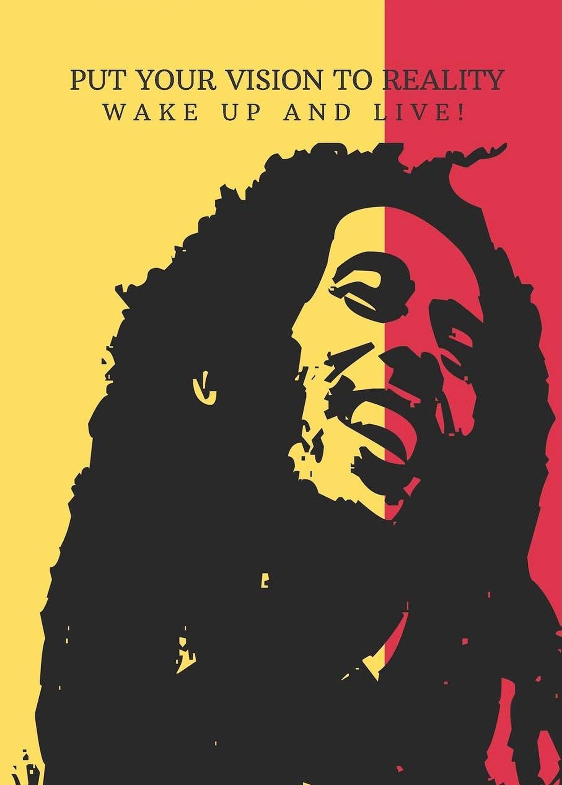bob 桌布 壁紙 — 大膽的圖形海報，Bob Marley 的臉被黃色和紅色分割，帶有勵志文字。
