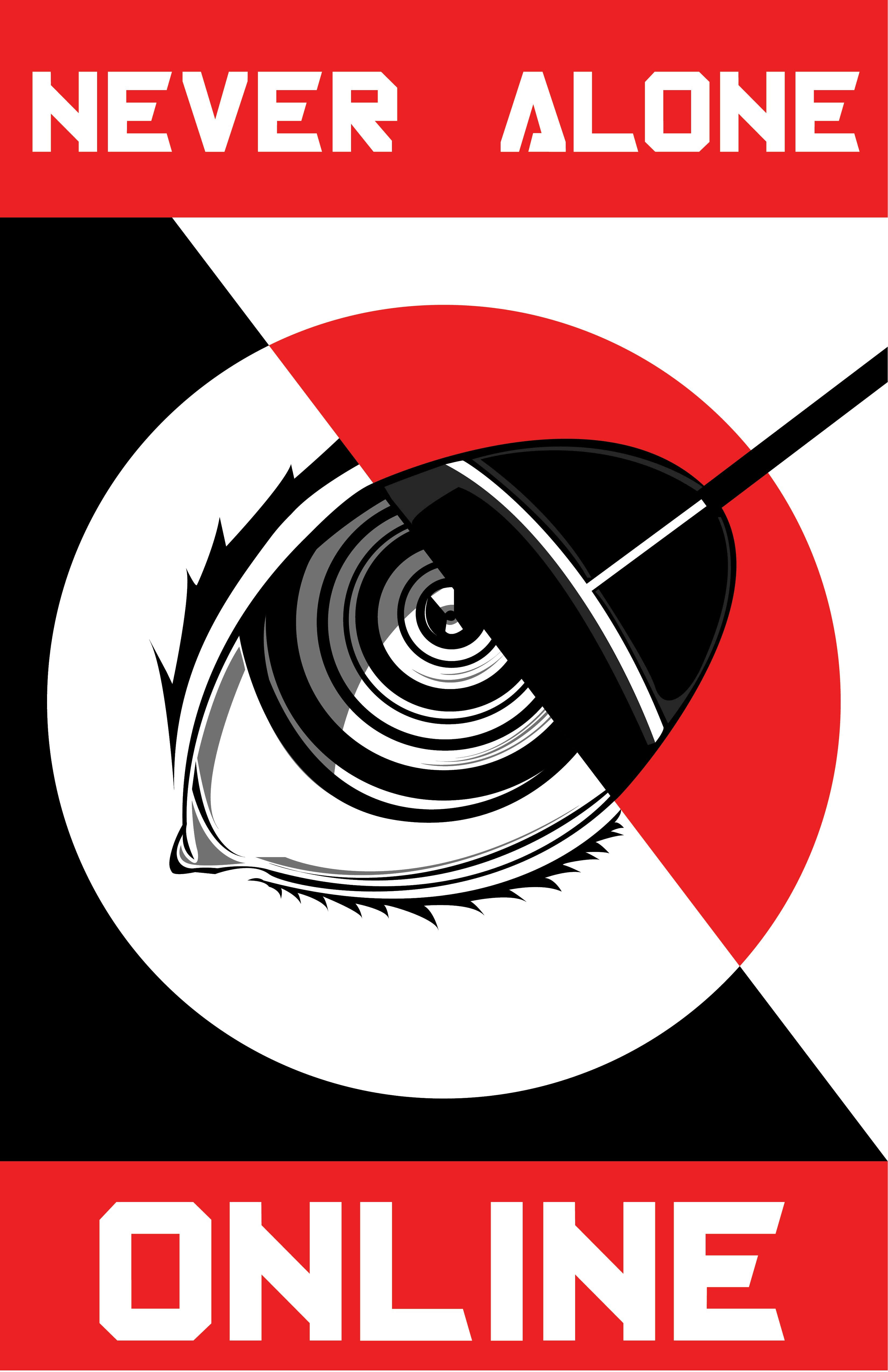 Constructivism 桌布 壁紙 — 大膽的圖形海報，紅色圓圈和斜線內有一個風格化的眼睛，以鮮明的紅、白、黑色宣告「NEVER ALONE ONLINE」。