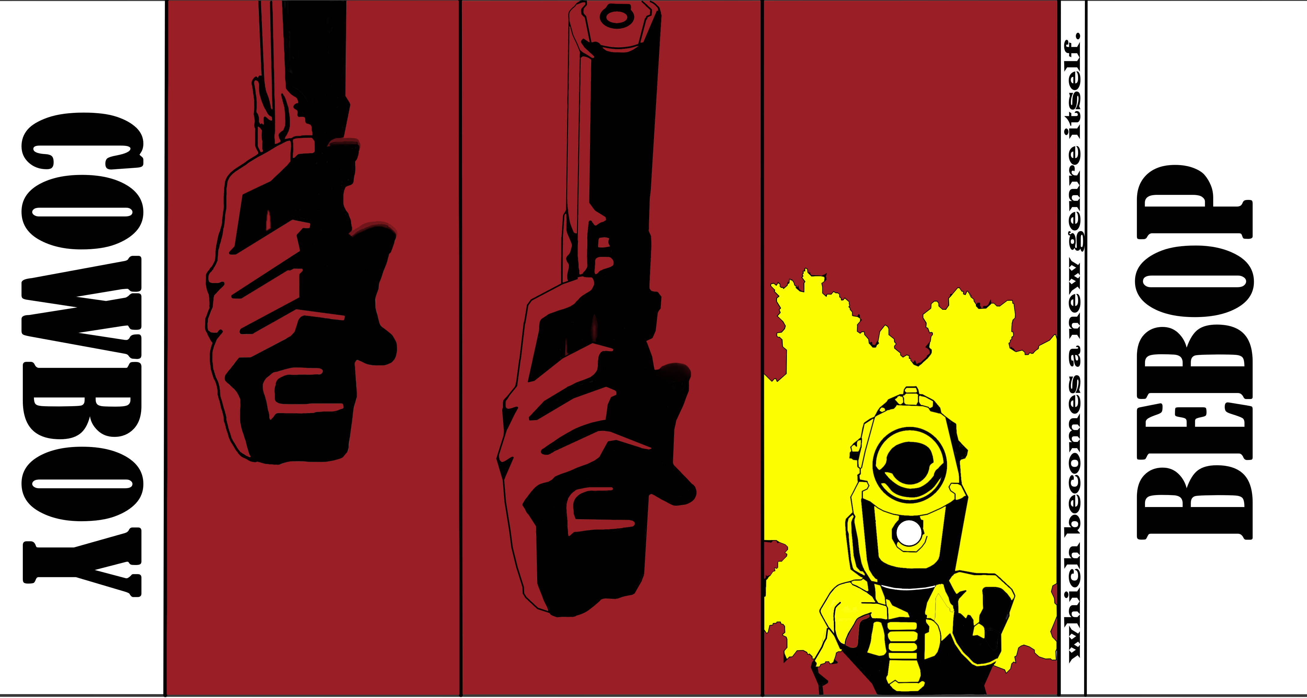 Cowboy Bebop Desktop 桌布 壁紙 — 大膽的圖形藝術展示了黑色剪影手在紅色面板前持槍，背景為帶有黃色機器人槍的潑濺效果。