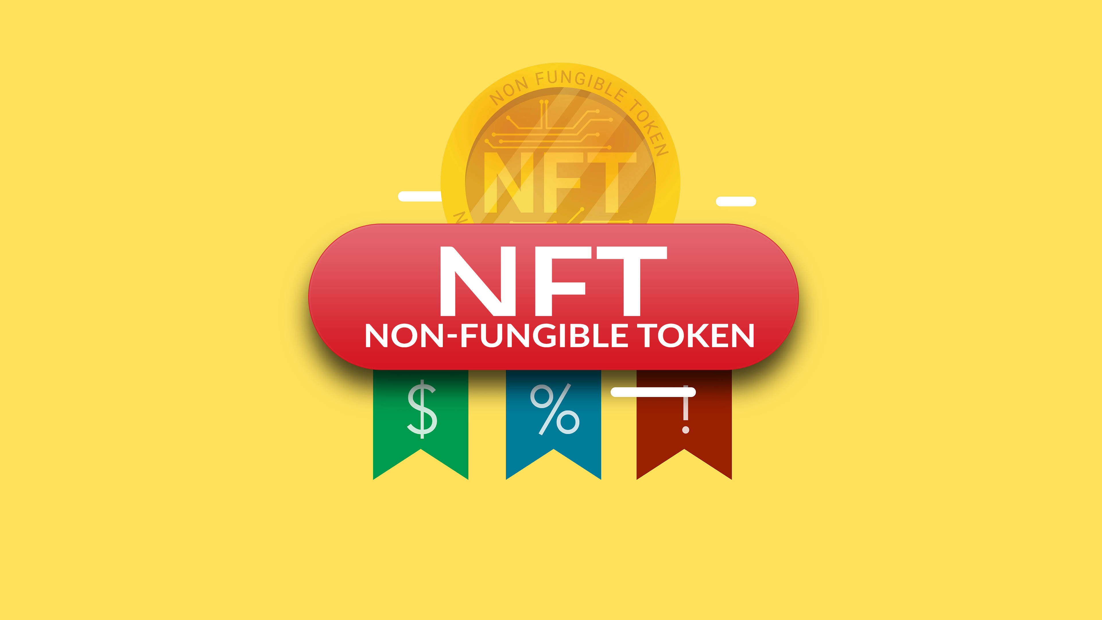 NFT 桌布 壁紙 — 大膽的圖形設計，以金色 NFT 硬幣和帶有 NFT 文字的紅色橫幅為特色，背景為充滿活力的黃色。