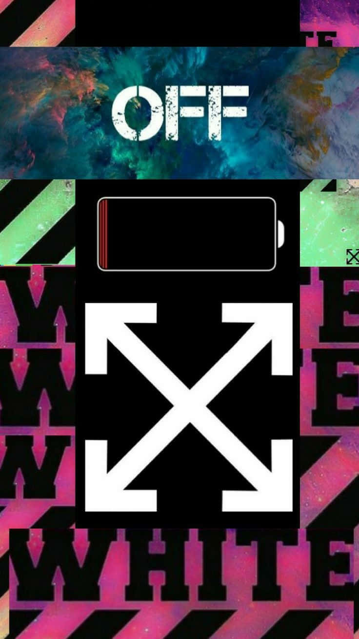 Off White iPhone 桌布 壁紙 — 大膽的圖形設計，帶有 'OFF WHITE' 文字和箭頭，背景是充滿活力的宇宙背景，帶有故障效果。