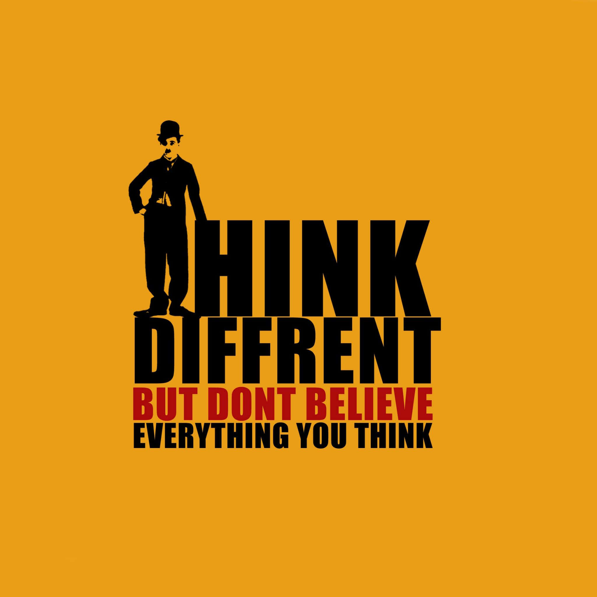 語錄 桌布 壁紙 — 大膽的圖形設計，查理·卓別林的剪影位於「THINK DIFFRENT」字樣之上，背景為純橙色。