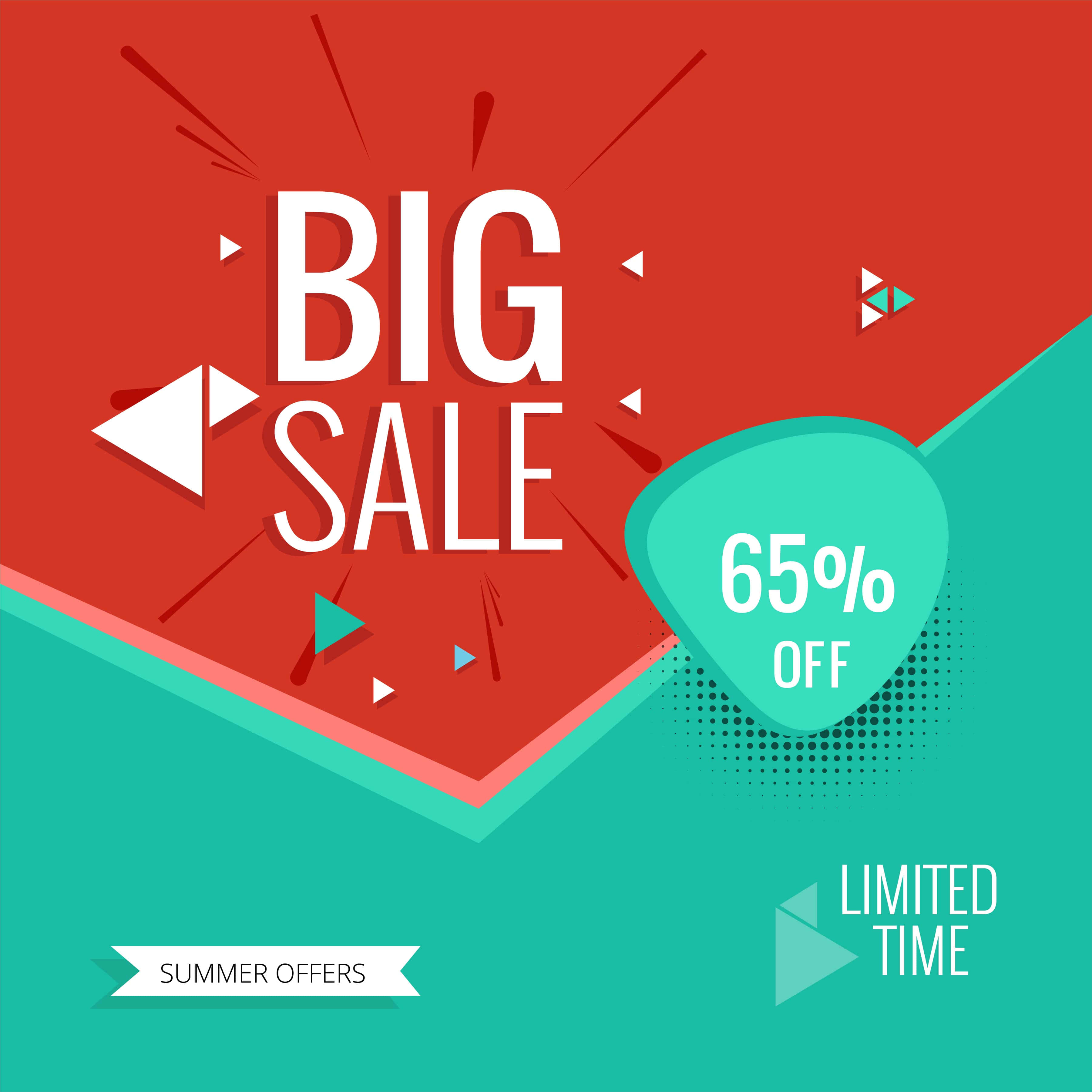 Sales 桌布 壁紙 — 大膽的圖形設計在動態幾何背景上以鮮豔的紅色和藍綠色宣布大減價，夏季優惠65%折扣。