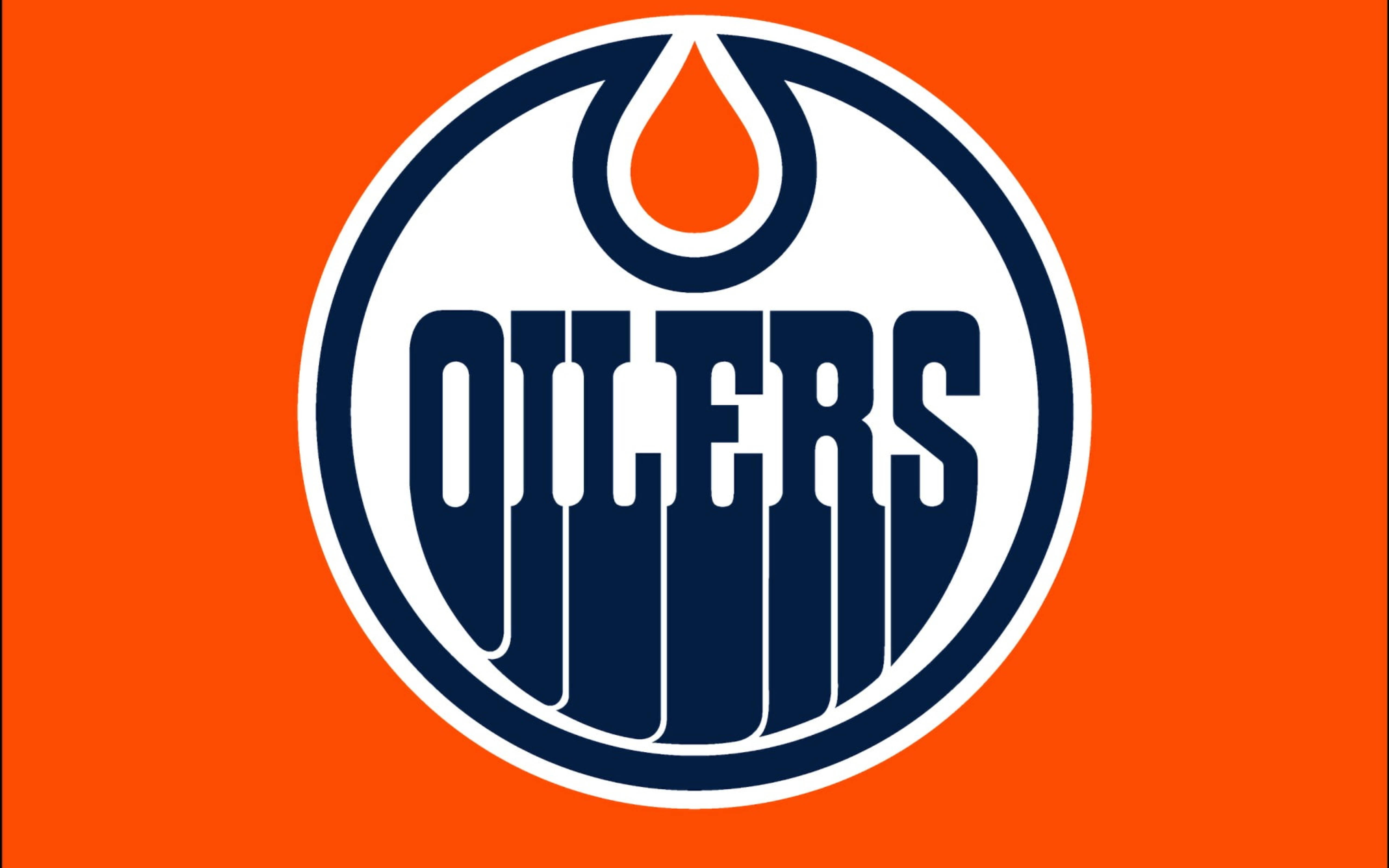 Oilers 桌布 壁紙 — 大膽的埃德蒙頓油人隊標誌，海軍藍和橙色，純橙色背景。