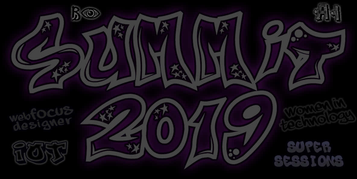 塗鴉 桌布 壁紙 — 大膽的塗鴉風格文字，寫著「SUMMIT 2019」，帶有星星和科技主題標籤，背景為深紫色。