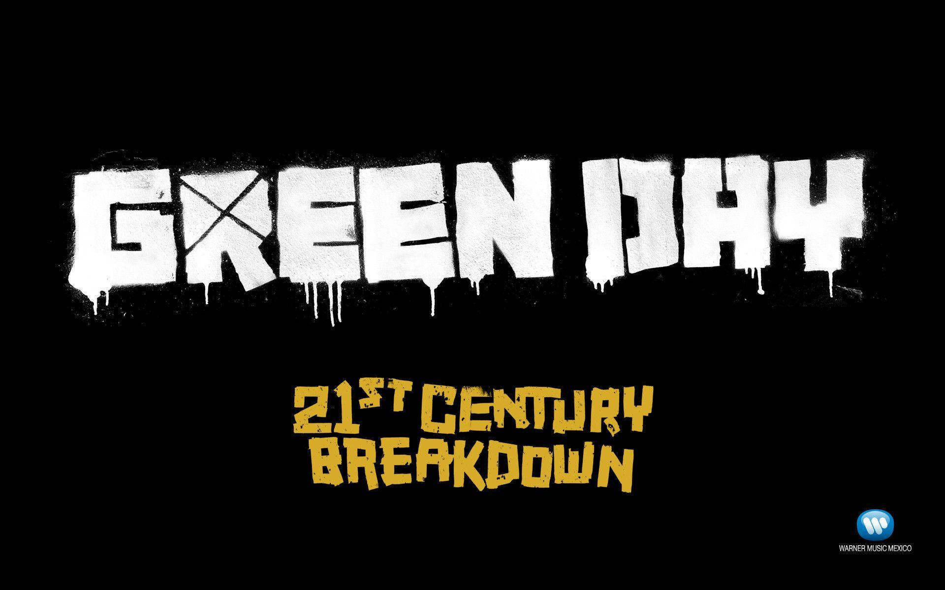 Green Day 桌布 壁紙 — 大膽的塗鴉風格白色和黃色文字，在鮮明的黑色背景上寫著「GREEN DAY」和「21ST CENTURY BREAKDOWN」。