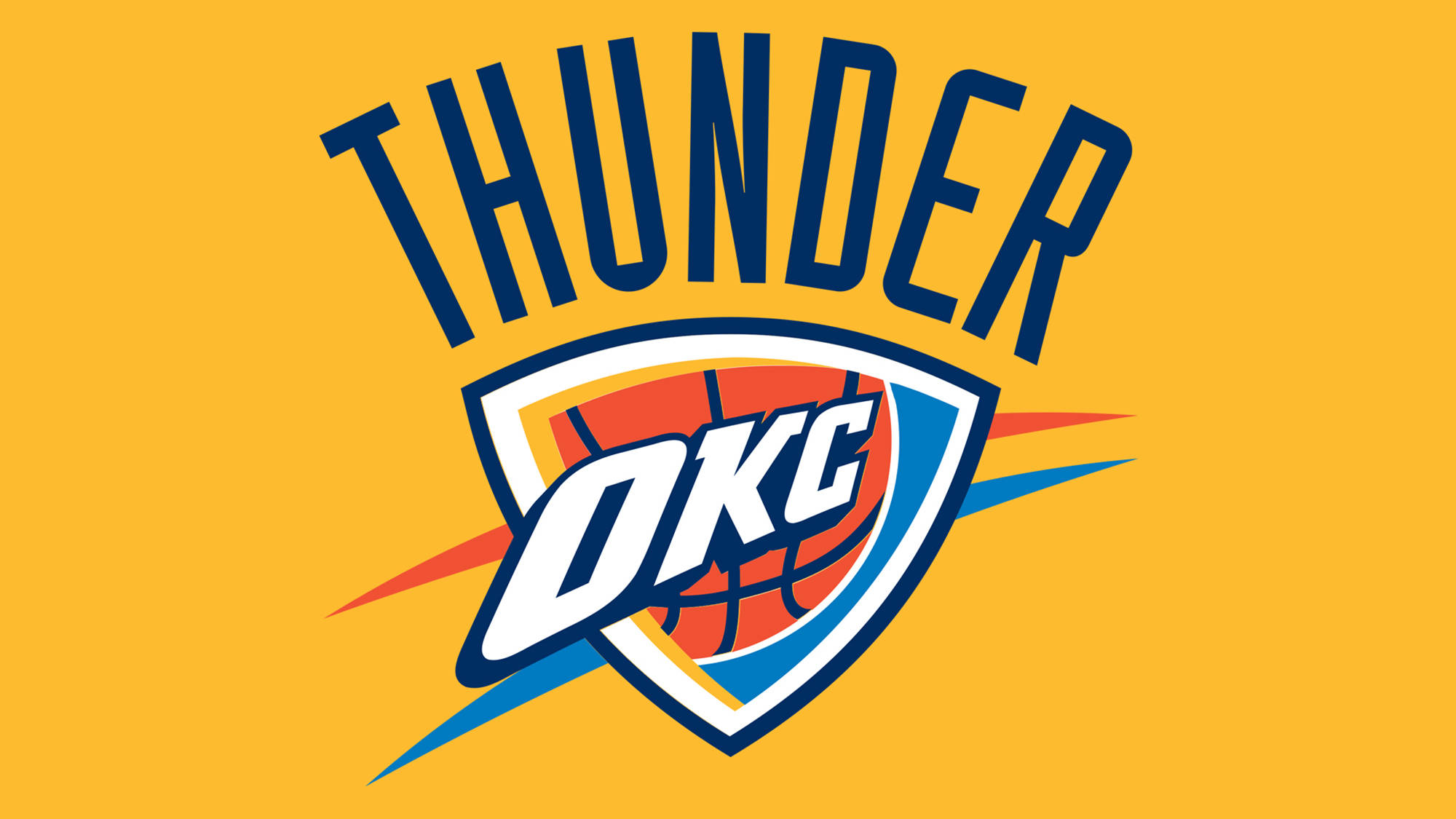 thunder 桌布 壁紙 — 大膽的奧克拉荷馬城雷霆隊標誌，帶有籃球和閃電，背景為鮮豔的黃色。