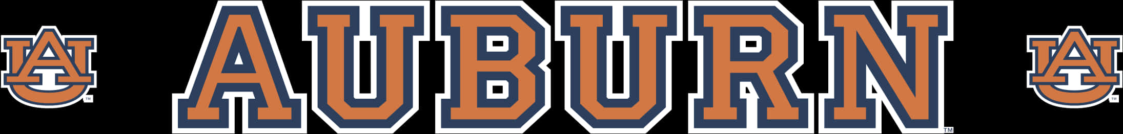 Auburn Logo 桌布 壁紙 — 大膽的奧本大學標誌，採用橙色和藍色粗體字體及老虎頭徽章，背景為黑色。