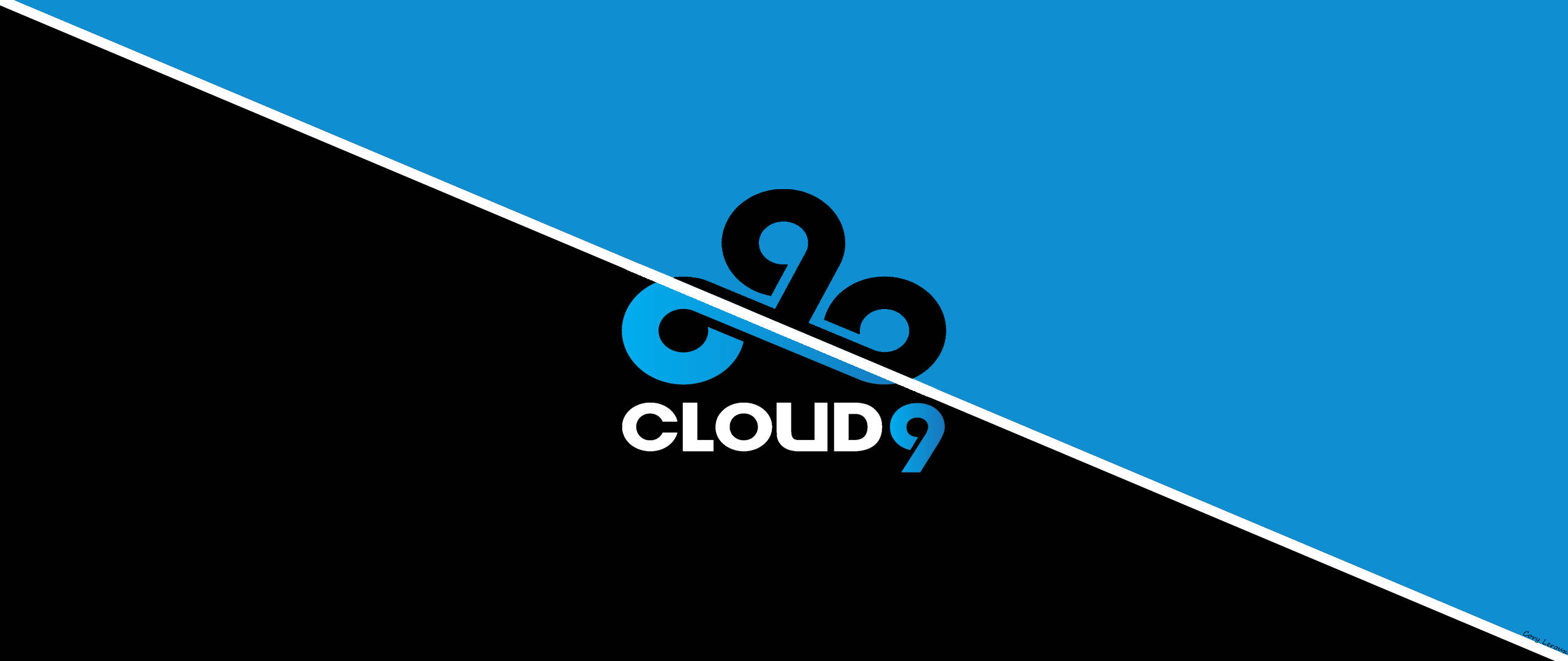 Cloud9 桌布 壁紙 — 大膽的對角線分割將鮮豔的藍色一半與鮮明的黑色一半分開，Cloud9 標誌居中於交點。