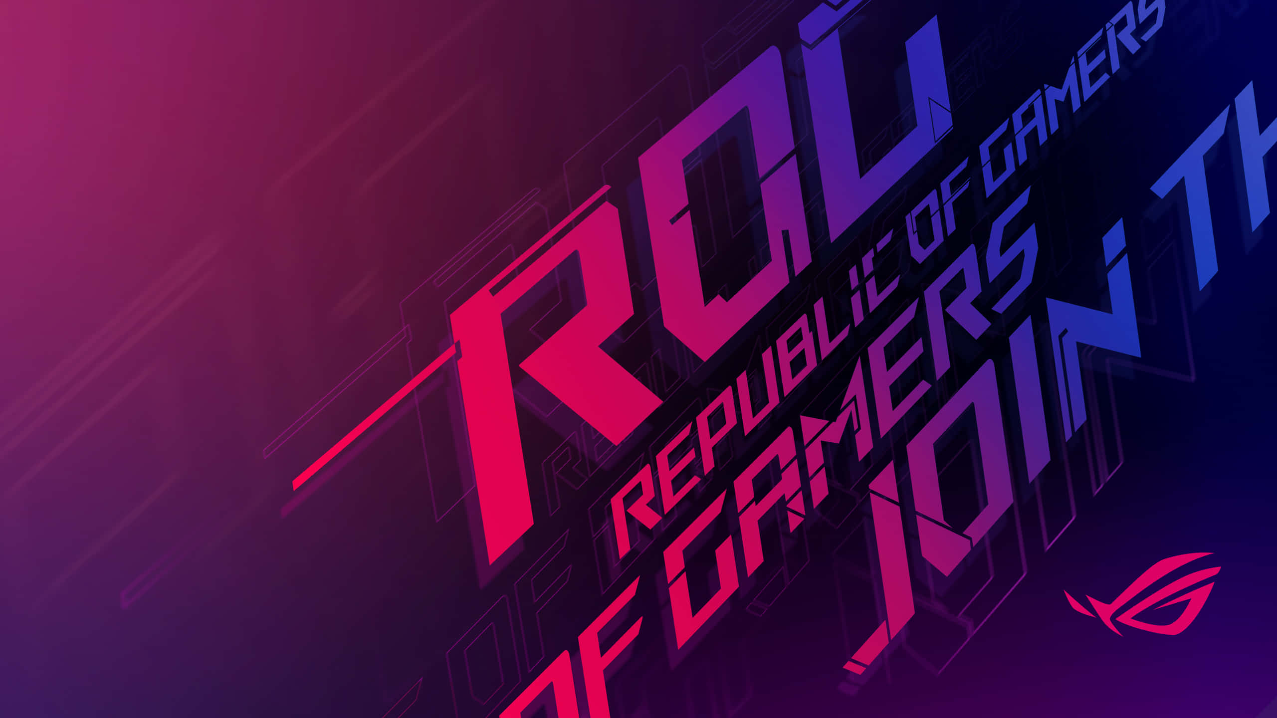 ASUS 桌布 壁紙 — 大膽的幾何 ROG 標誌在深色漸變背景上以洋紅色和藍色發光，並帶有棱角分明的光線條紋。