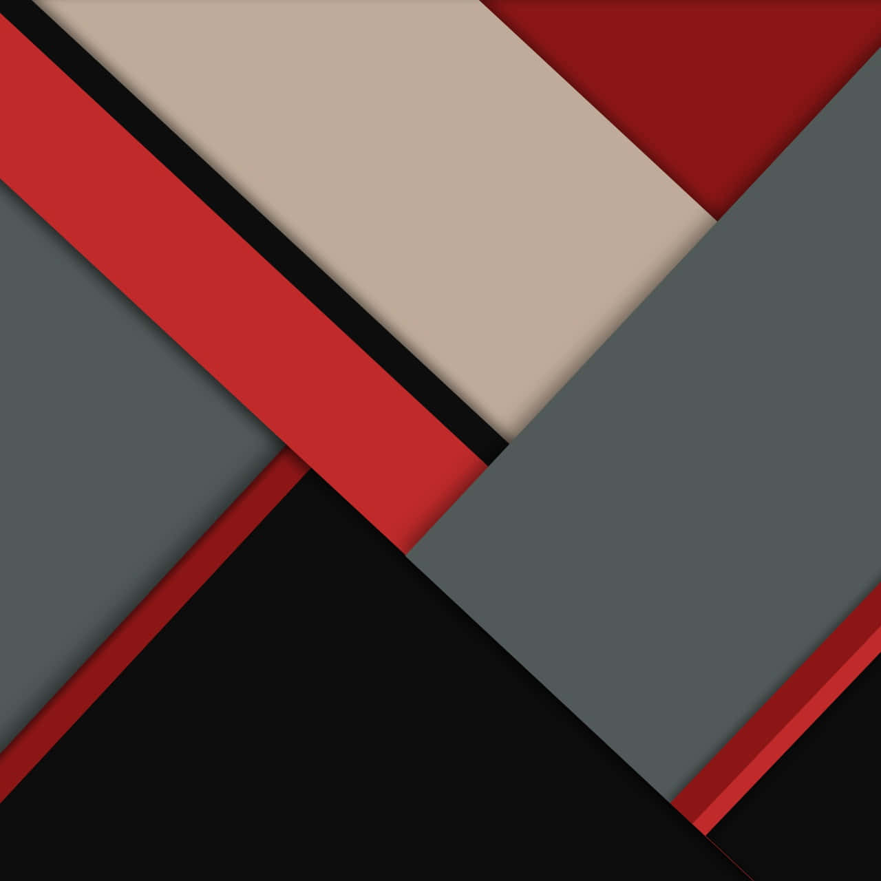 Material Design 桌布 壁紙 — 大膽的幾何形狀以紅色、米色、灰色和黑色呈現，創造出現代抽象構圖，具有銳利的角度和乾淨的線條。