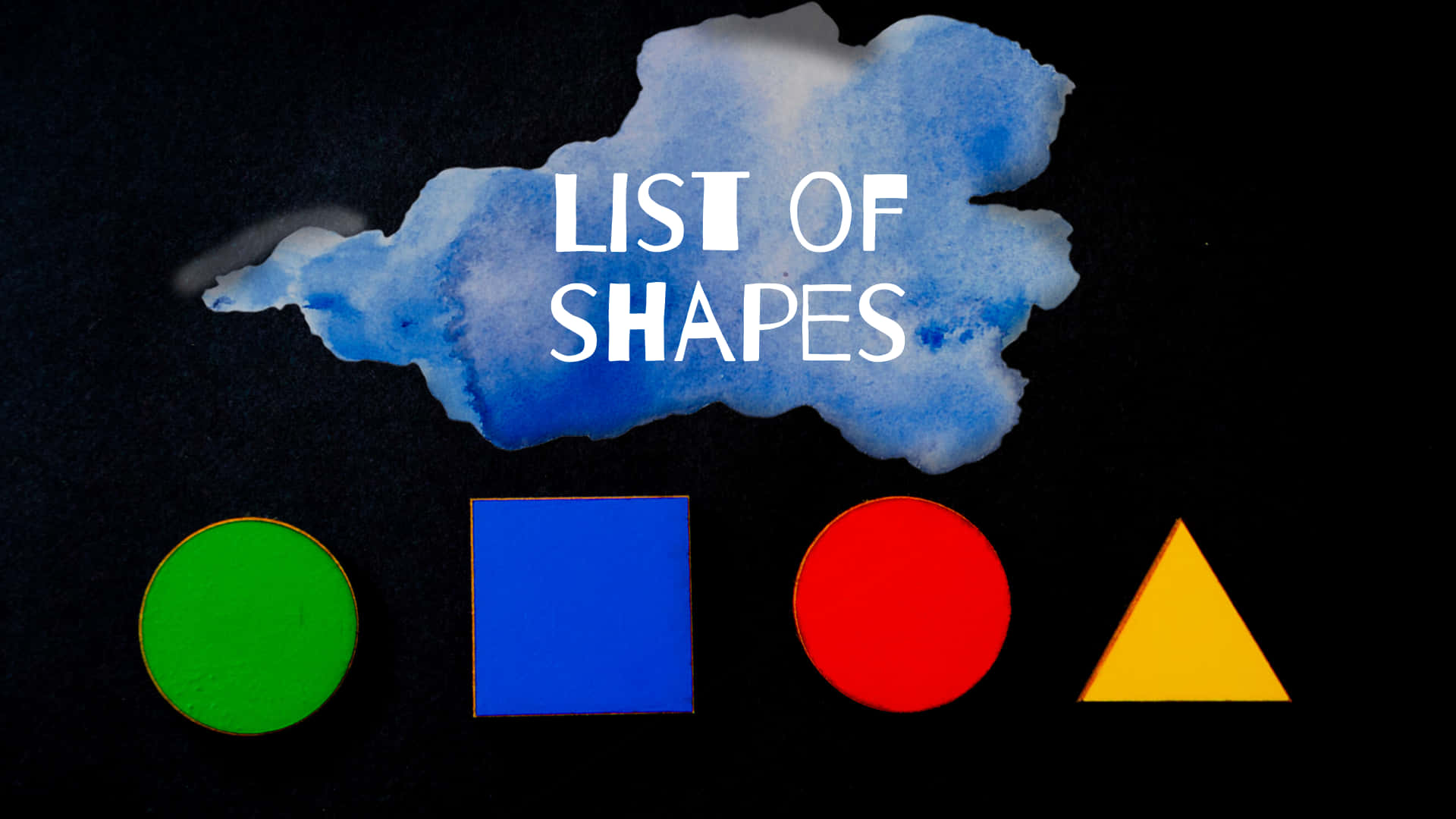 幾何 桌布 壁紙 — 大膽的幾何形狀以鮮豔色彩呈現，位於藍色水彩雲下方，白色文字寫著「形狀列表」，背景為黑色。