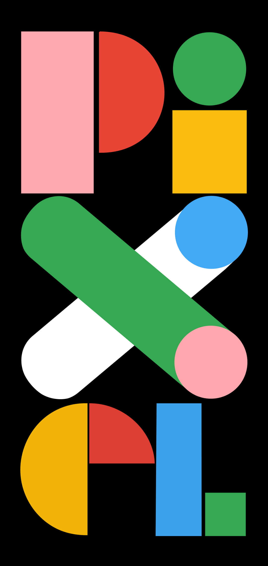 Pixel 3 桌布 壁紙 — 大膽的幾何形狀以鮮豔色彩在純黑背景上形成抽象標誌。