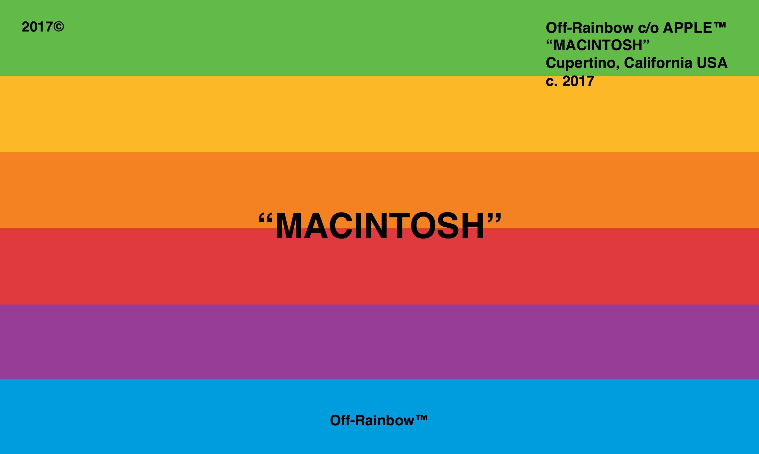off white 桌布 壁紙 — 大膽的彩虹條紋，中央有文字 MACINTOSH，背景為鮮豔的漸變色。
