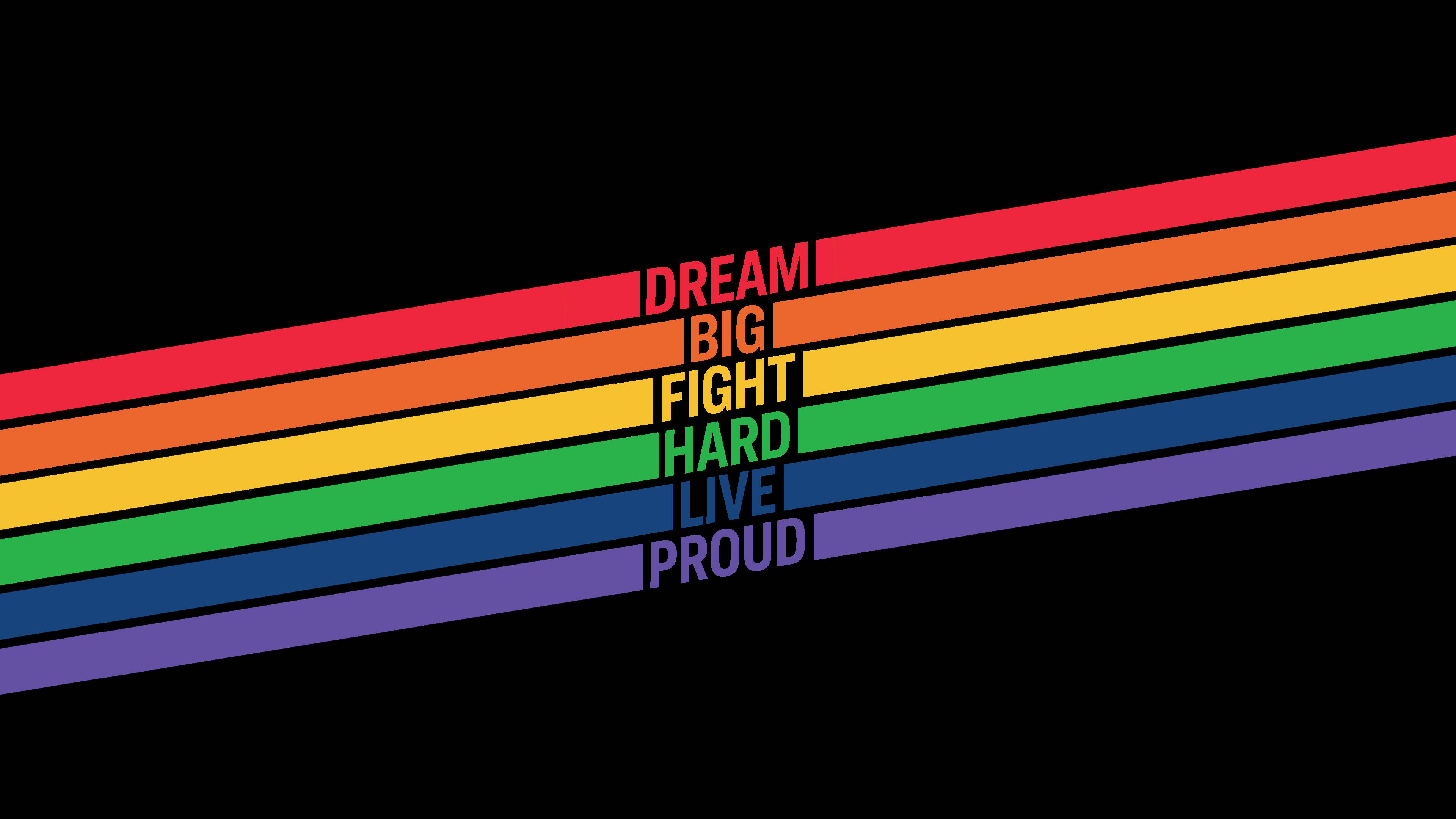 LGBT 桌布 壁紙 — 大膽的彩虹條紋斜向切割黑色背景，搭配相應顏色的勵志文字。