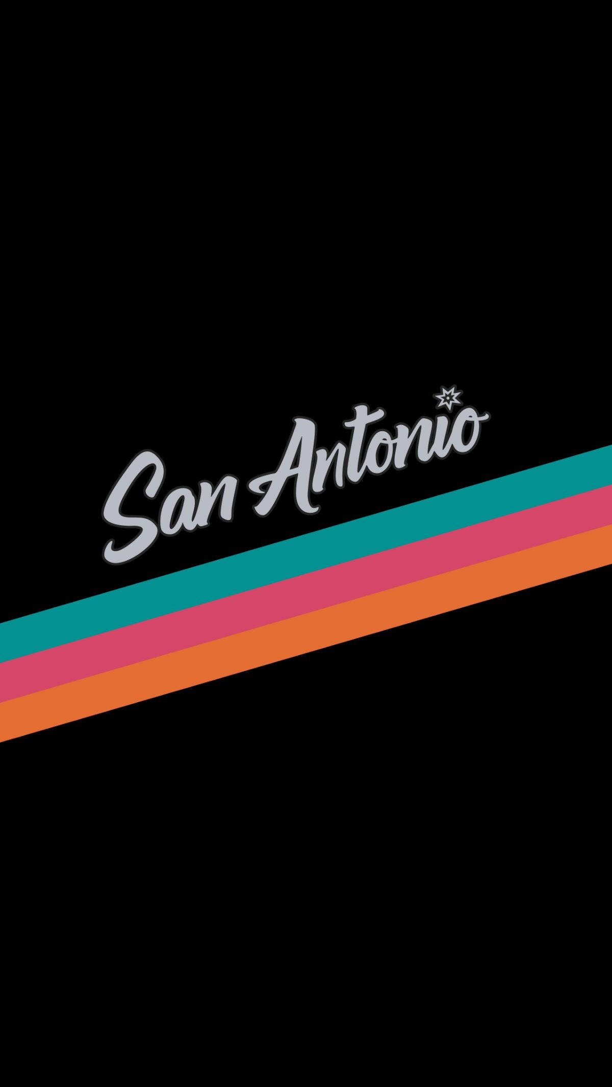 Spurs 桌布 壁紙 — 大膽的復古條紋以青綠色、粉紅色和橙色斜向切割黑色背景，並以銀色字體寫上「San Antonio」。
