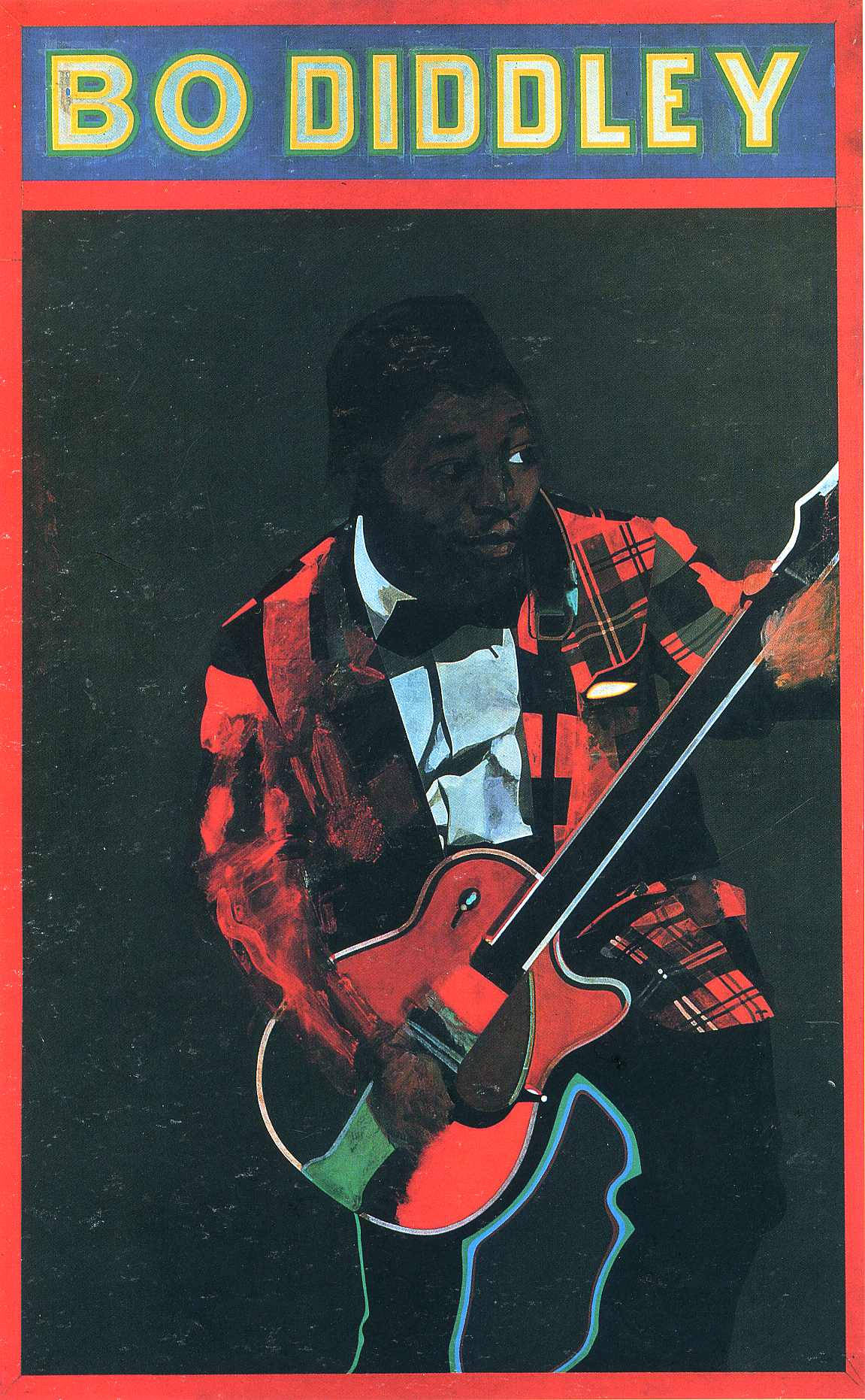 吉他動圖 桌布 壁紙 — 大膽的復古海報，Bo Diddley 在戲劇性的舞台燈光下彈奏紅色電吉他。
