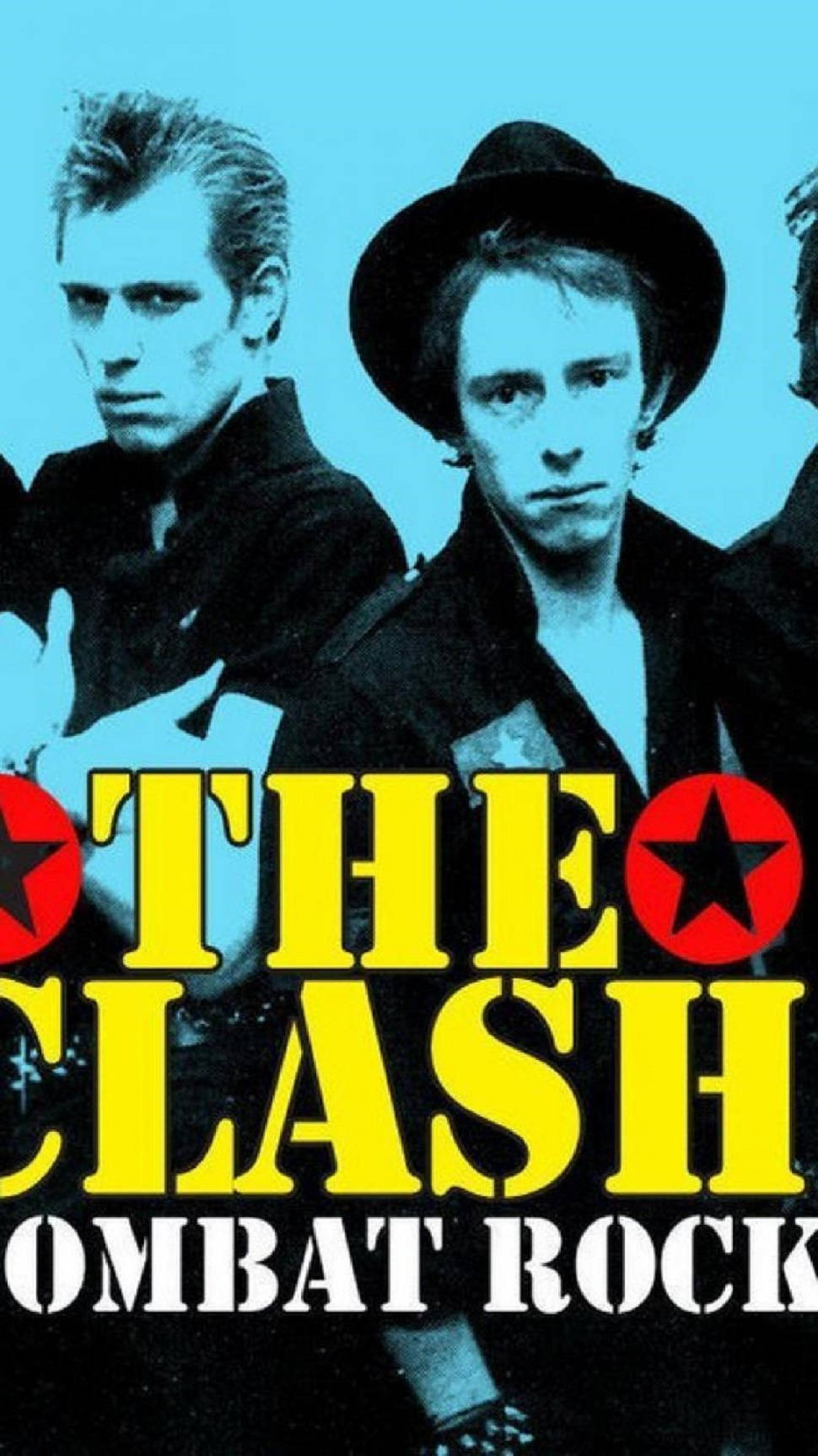 English 桌布 壁紙 — 大膽的復古海報，龐克樂團The Clash在青色背景上展現強烈凝視，並帶有黃紅文字。
