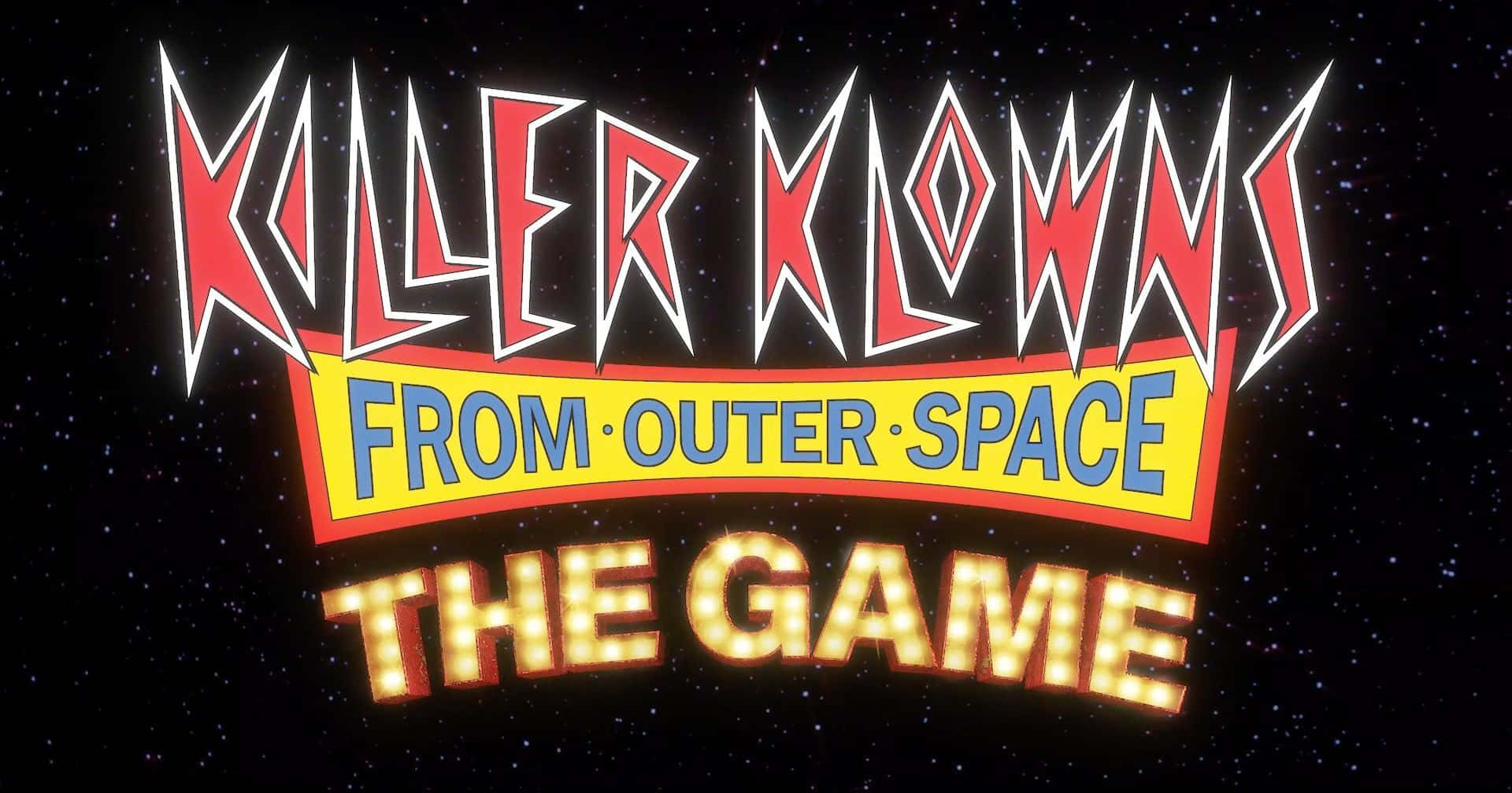 killer klowns from outer space 桌布 壁紙 — 大膽的復古遊戲標題「Killer Klowns from Outer Space」在星空背景下閃耀著霓虹燈光。