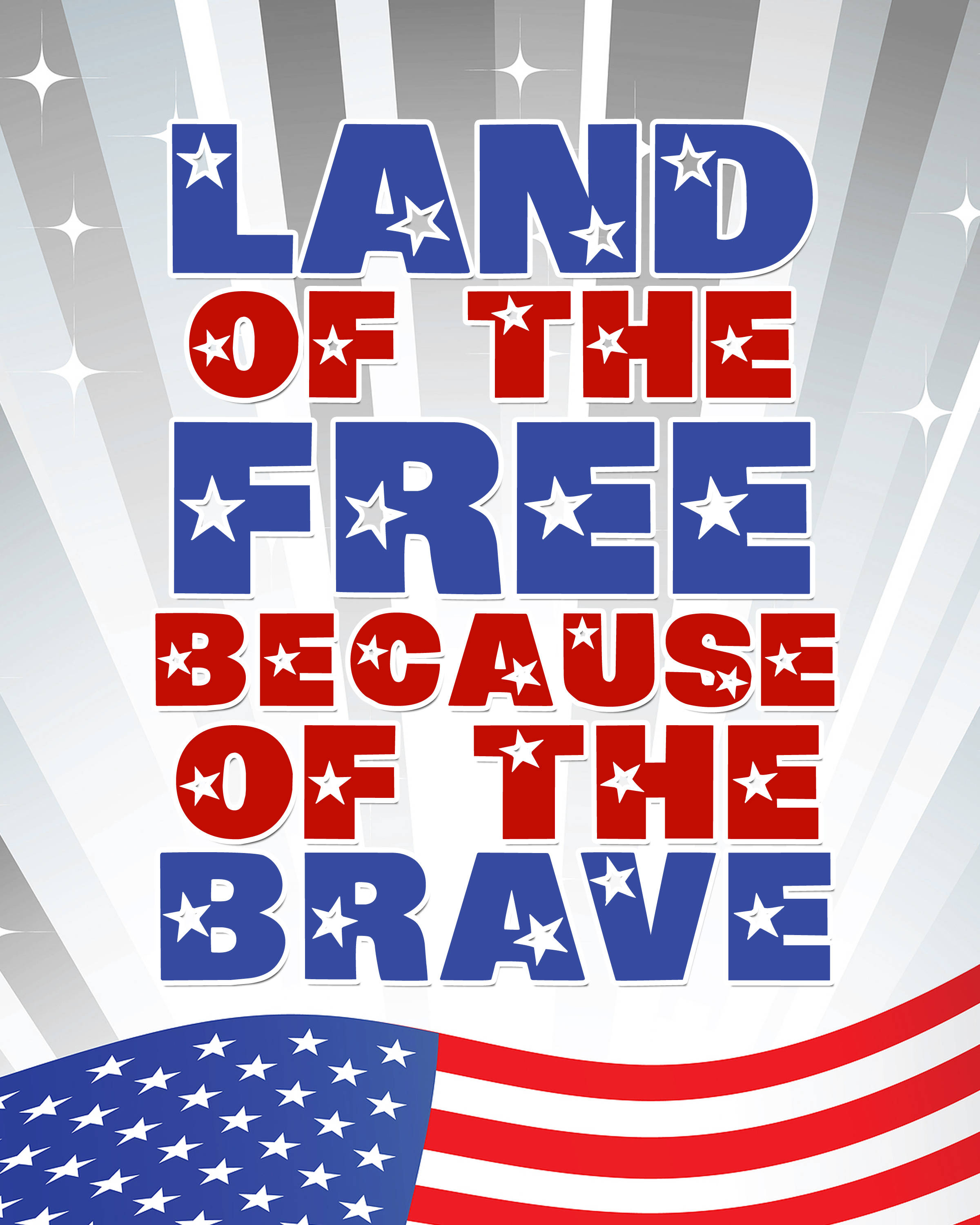 Veterans 桌布 壁紙 — 大膽的愛國文字「Land of the Free Because of the Brave」，以紅、藍、白色呈現，並帶有星星和美國國旗圖案。