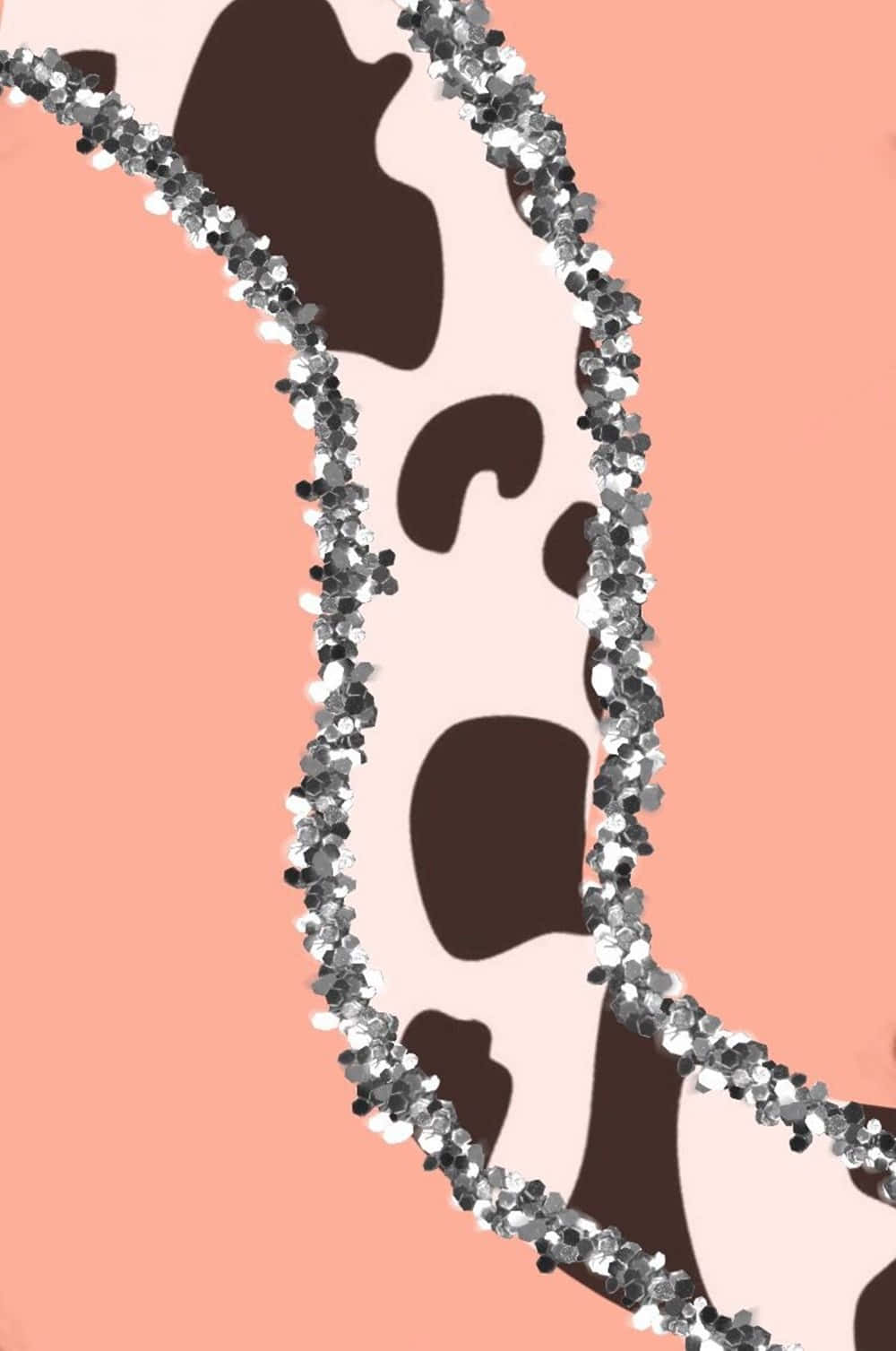 Aesthetic Cow 桌布 壁紙 — 大膽的抽象圖案，桃色背景上帶有黑色形狀，並以閃亮的銀色線條框住。