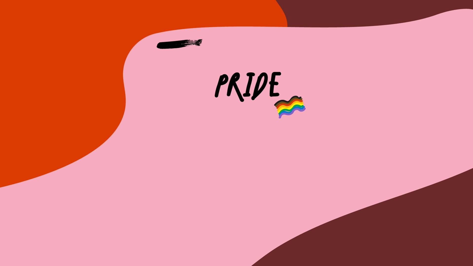 LGBT 桌布 壁紙 — 大膽的抽象形狀以粉紅色、橙色和棕色框住單詞 PRIDE，並帶有彩虹旗表情符號。