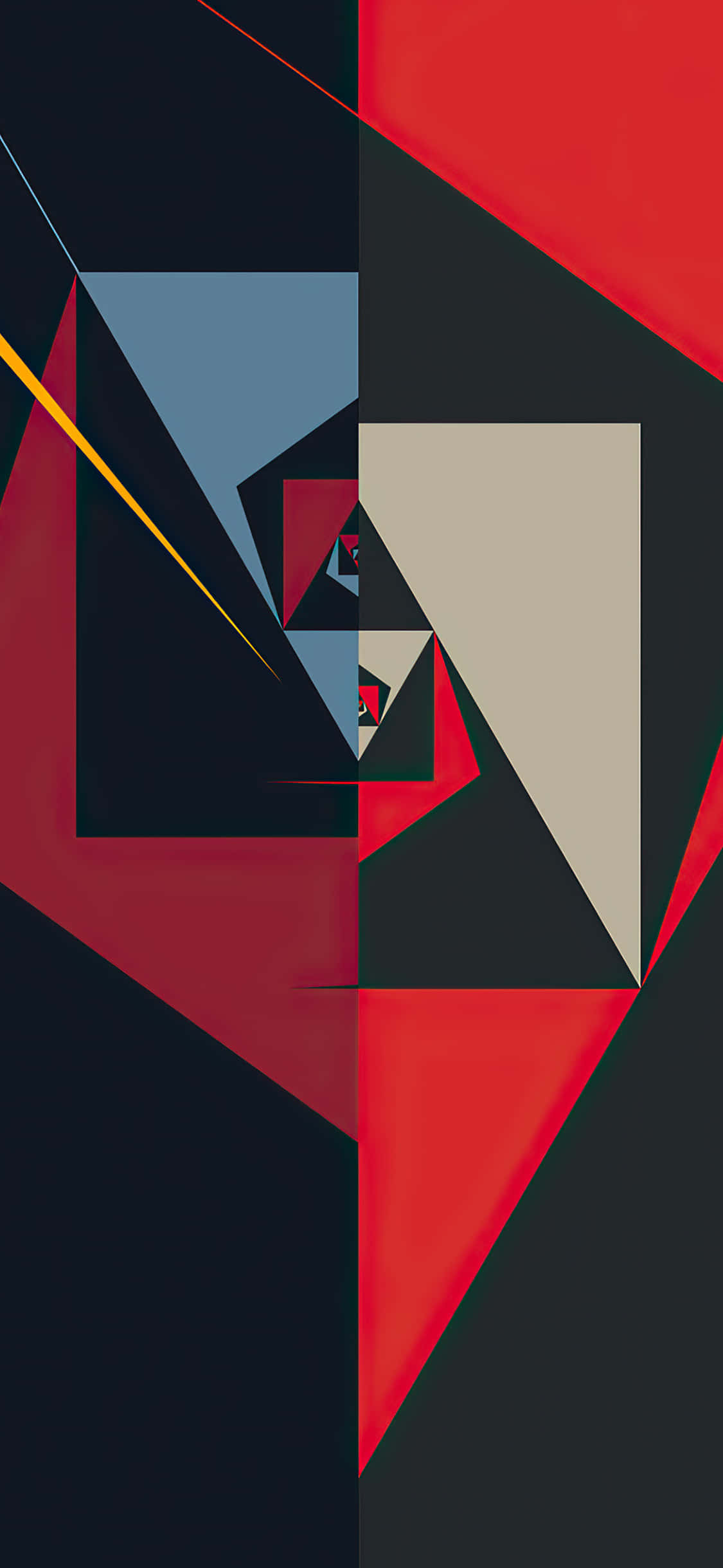 Geometric iPhone 桌布 壁紙 — 大膽的抽象構圖，由紅色、藍色和黑色的銳利幾何形狀以及一條黃色線條組成。
