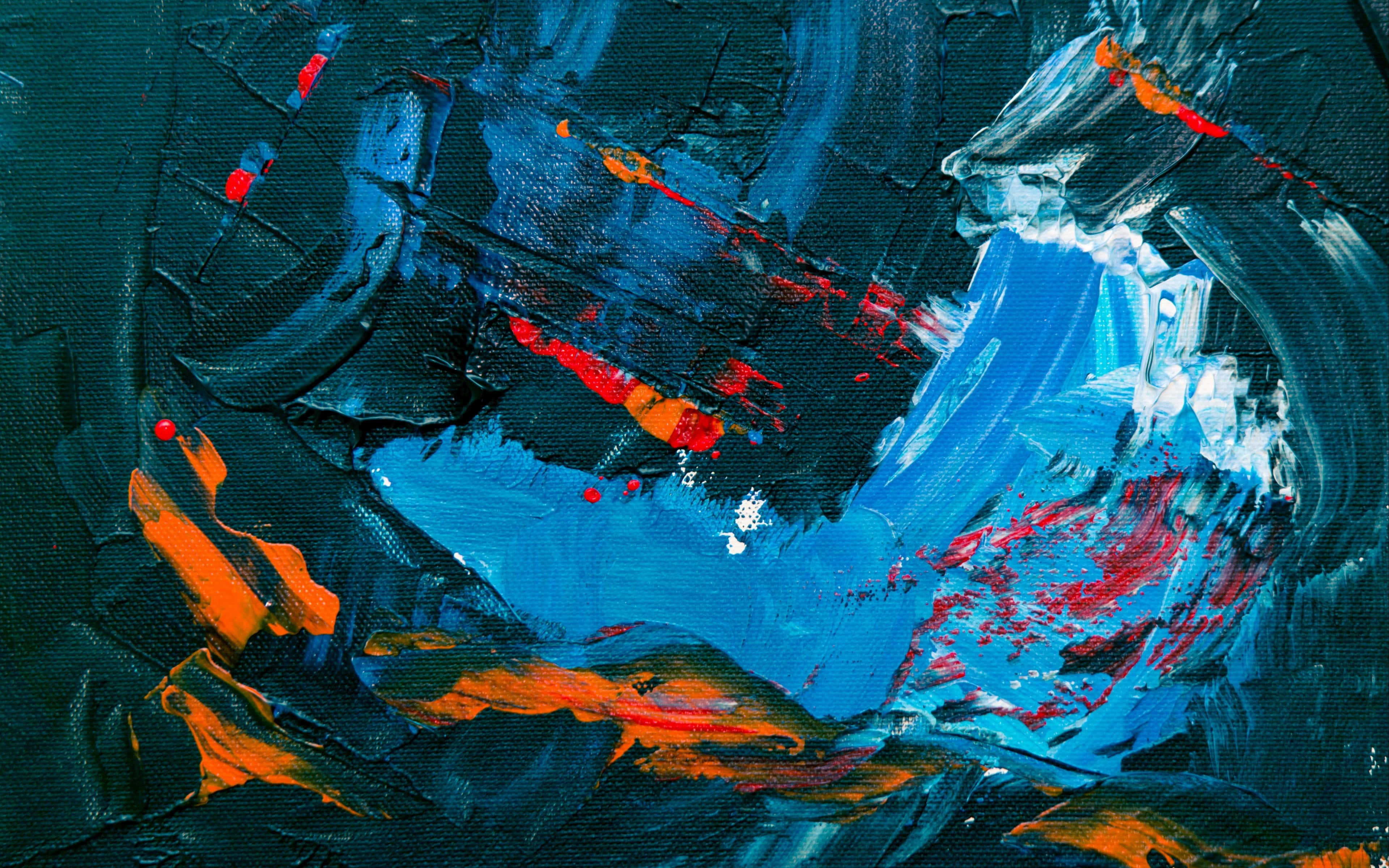 Painting 桌布 壁紙 — 大膽的抽象油畫，帶有深藍黑色和火熱橙紅色的厚實紋理筆觸，在深色畫布上。