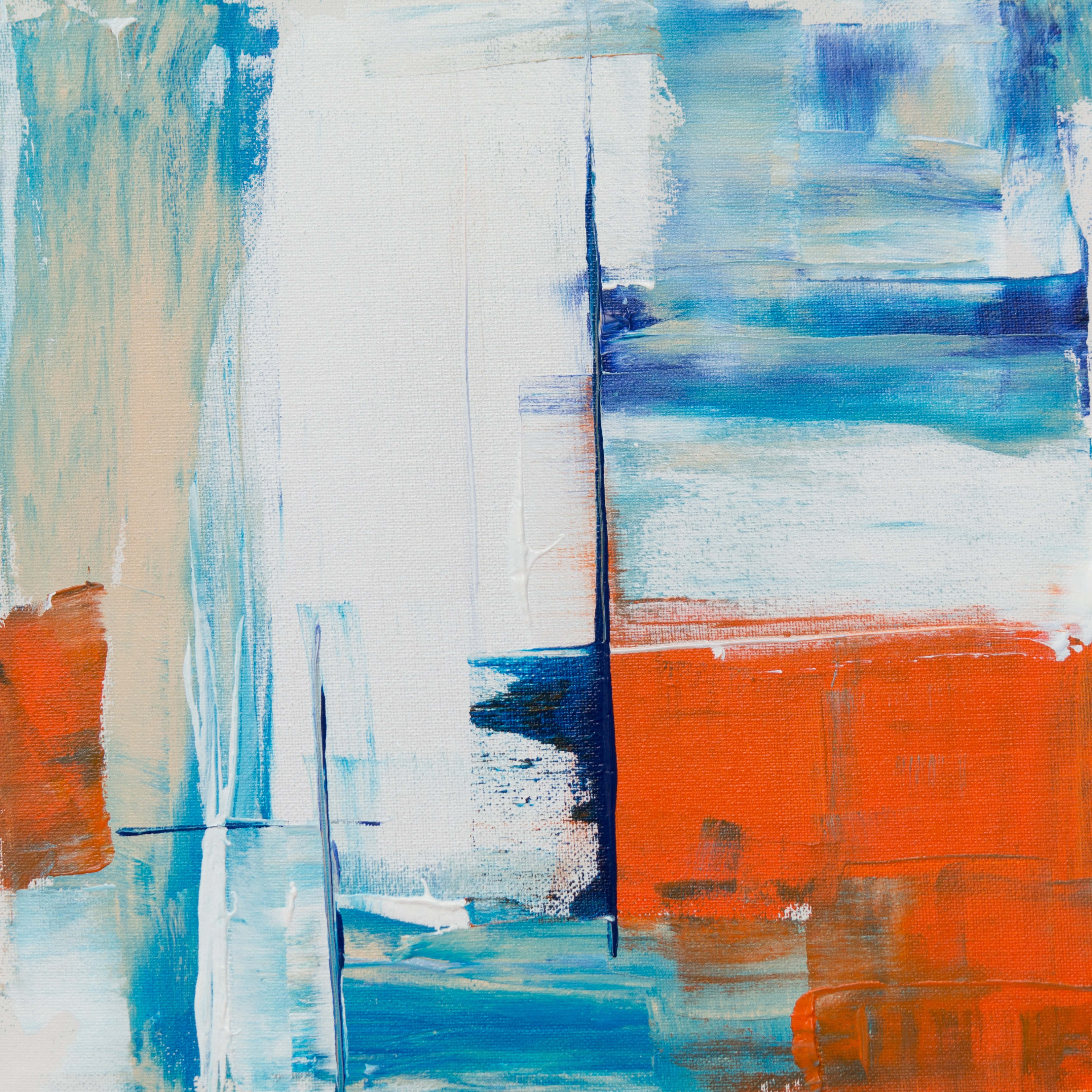 Expressionist 桌布 壁紙 — 大膽的抽象畫，在白色畫布上揮灑著藍綠色和鮮豔的橙色筆觸。