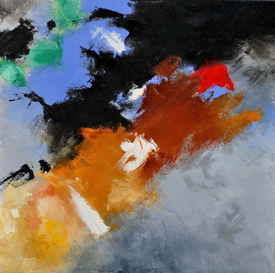 Painting 桌布 壁紙 — 大膽的抽象畫，在紋理畫布上以黑色、橙色、紅色、藍色和綠色的掃掠筆觸繪製。