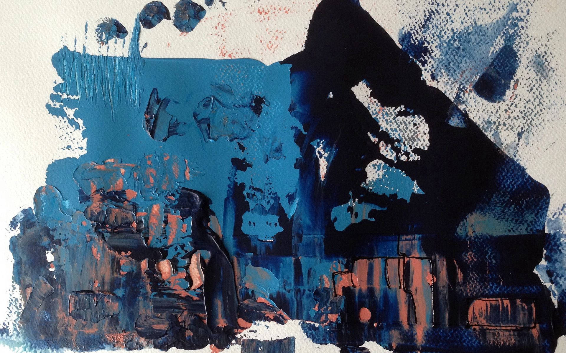 Painting 桌布 壁紙 — 大膽的抽象畫，在紋理白色畫布上帶有厚實的藍色、黑色和橙色筆觸。
