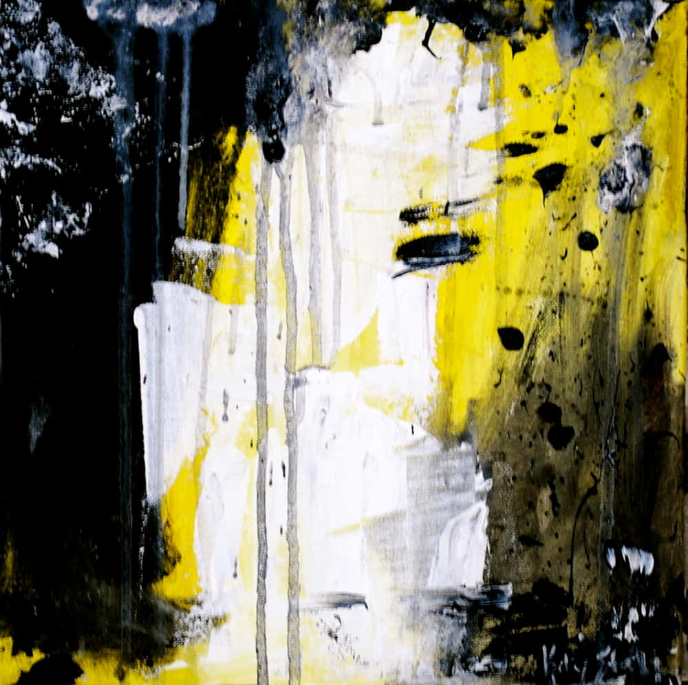 Yellow Art 桌布 壁紙 — 大膽的抽象畫，滴落的黑色、白色和鮮黃色顏料，營造出動態的紋理構圖。
