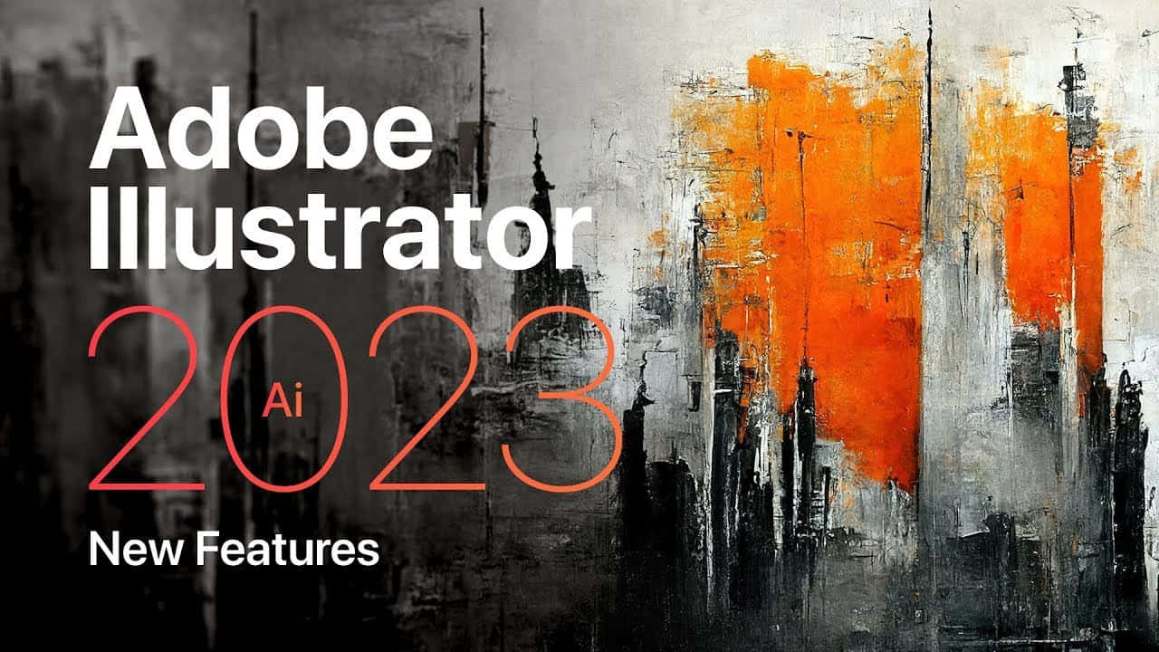 Adobe 桌布 壁紙 — 大膽的抽象藝術作品，帶有橙色筆觸，背景為灰色和黑色紋理，並顯示 Adobe Illustrator 2023 文字。