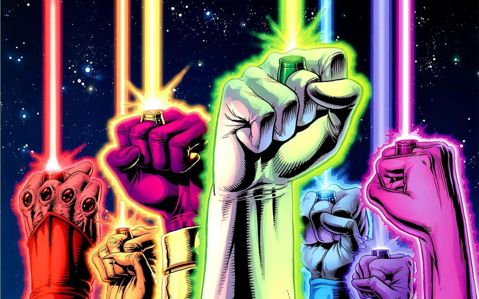 Blackest Night 桌布 壁紙 — 大膽的拳頭在星光宇宙背景下閃耀著充滿活力的光劍，呈現出動態的漫畫藝術。