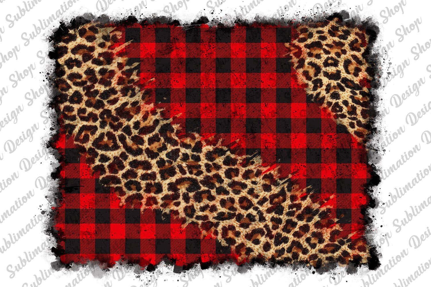 Buffalo Plaid 桌布 壁紙 — 大膽的拼布設計，將紅黑 buffalo 格紋布料與豹紋圖案融合，置於破舊 grungy 風格的框架中。