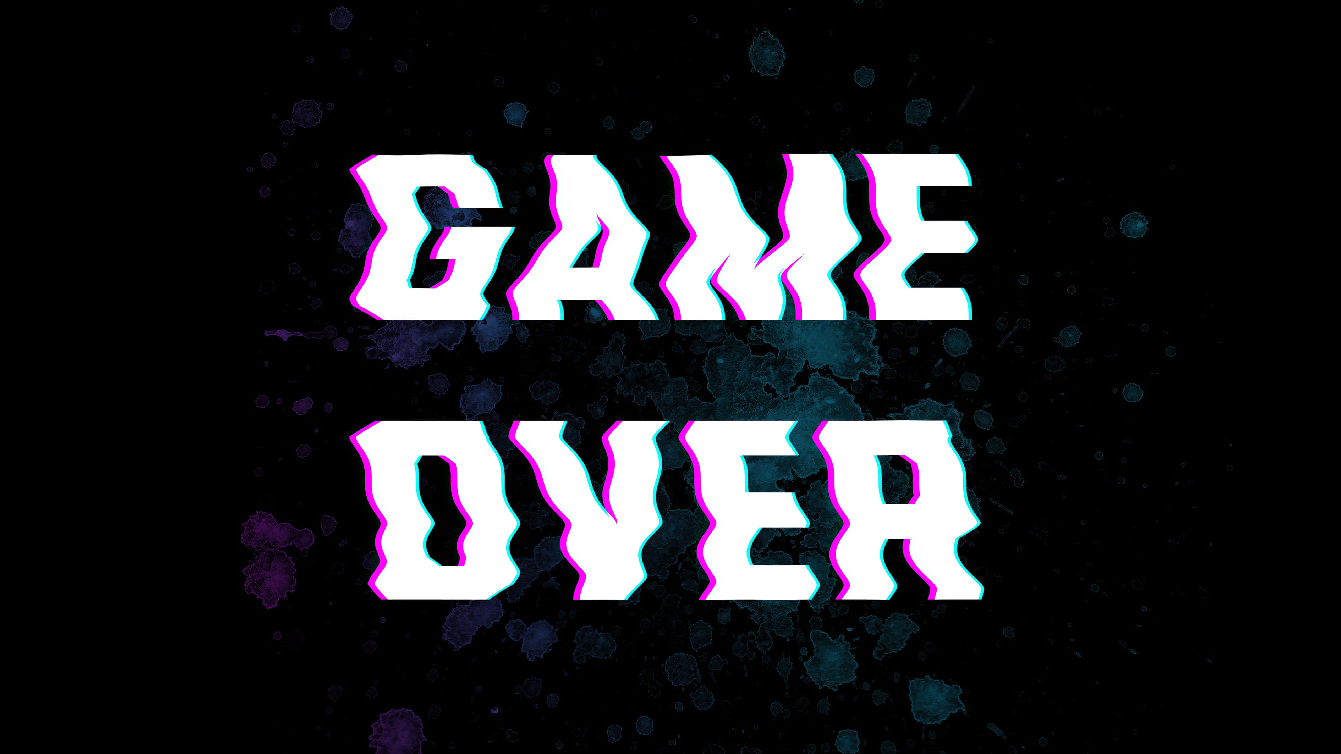 Dark Game Over 桌布 壁紙 — 大膽的故障效果白色文字在帶有紫色和藍色數位雜訊的深色背景上顯示 game over。