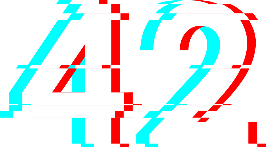 故障 桌布 壁紙 — 大膽的故障風格數字42，紅色和青色在黑色背景上，帶有數位扭曲效果。