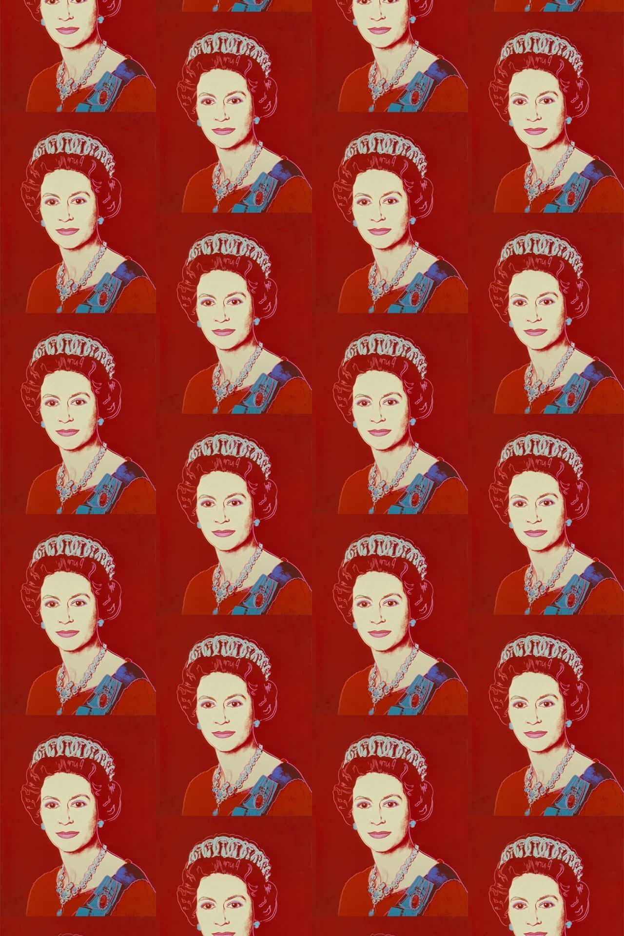 Queen Elizabeth 桌布 壁紙 — 大膽的普普藝術壁紙，以重複的伊莉莎白二世女王網格為特色，背景為紅色，帶有藍色點綴。