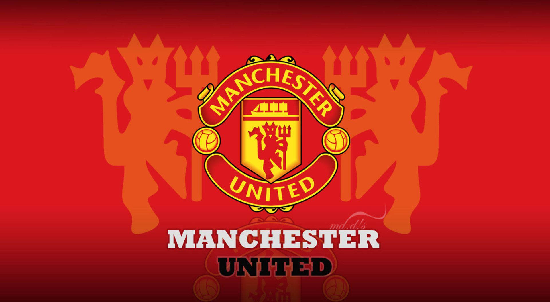 Manchester United Logo 桌布 壁紙 — 大膽的曼聯徽章，紅色魔鬼剪影在漸變紅色背景上。