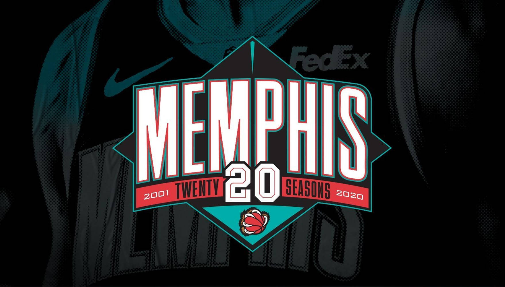 NBA 桌布 壁紙 — 大膽的曼菲斯灰熊2020標誌，在黑色球衣背景上有青綠色和紅色點綴。